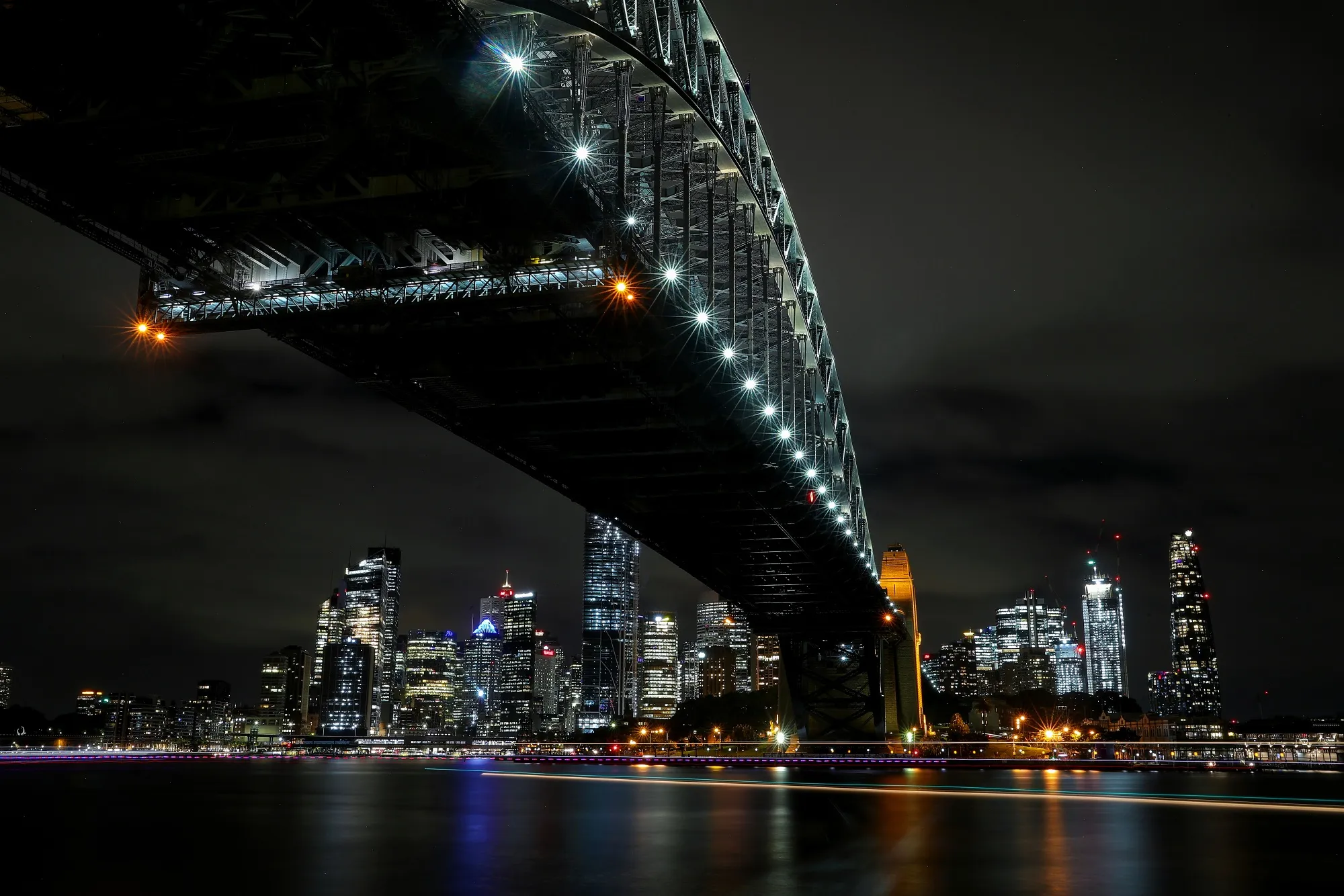 Buildings at night in Sydney, Australia.