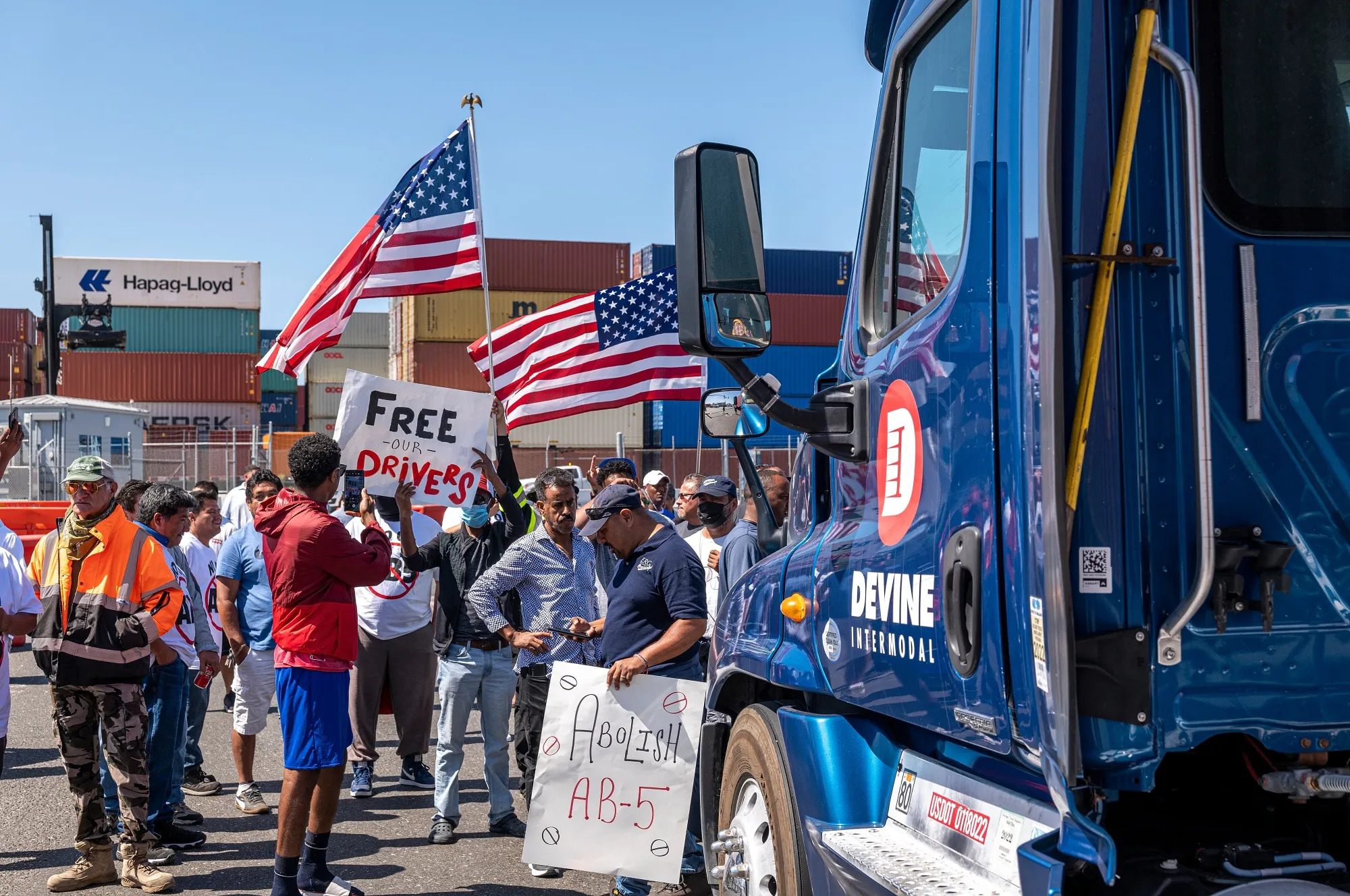 Protesters block a truck from entering the Port of Oakland in&nbsp;California on&nbsp;July 18.&nbsp;