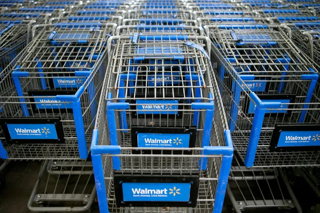 Shopping carts sit inside a Wal-Mart store in Alexandria, Virginia