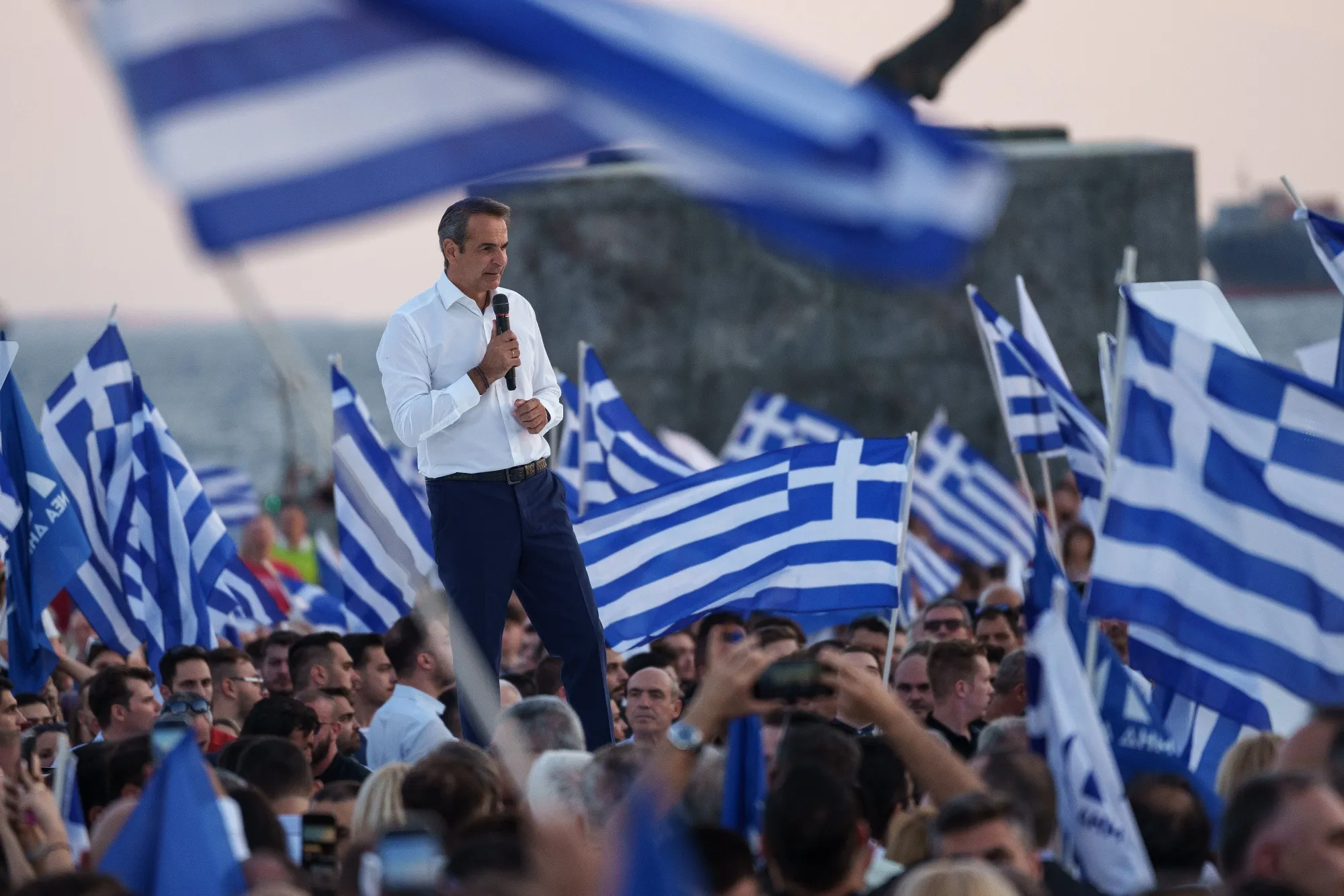 Kyriakos Mitsotakis speaks during an election rally in Thessaloniki, Greece, on&nbsp;June 21.