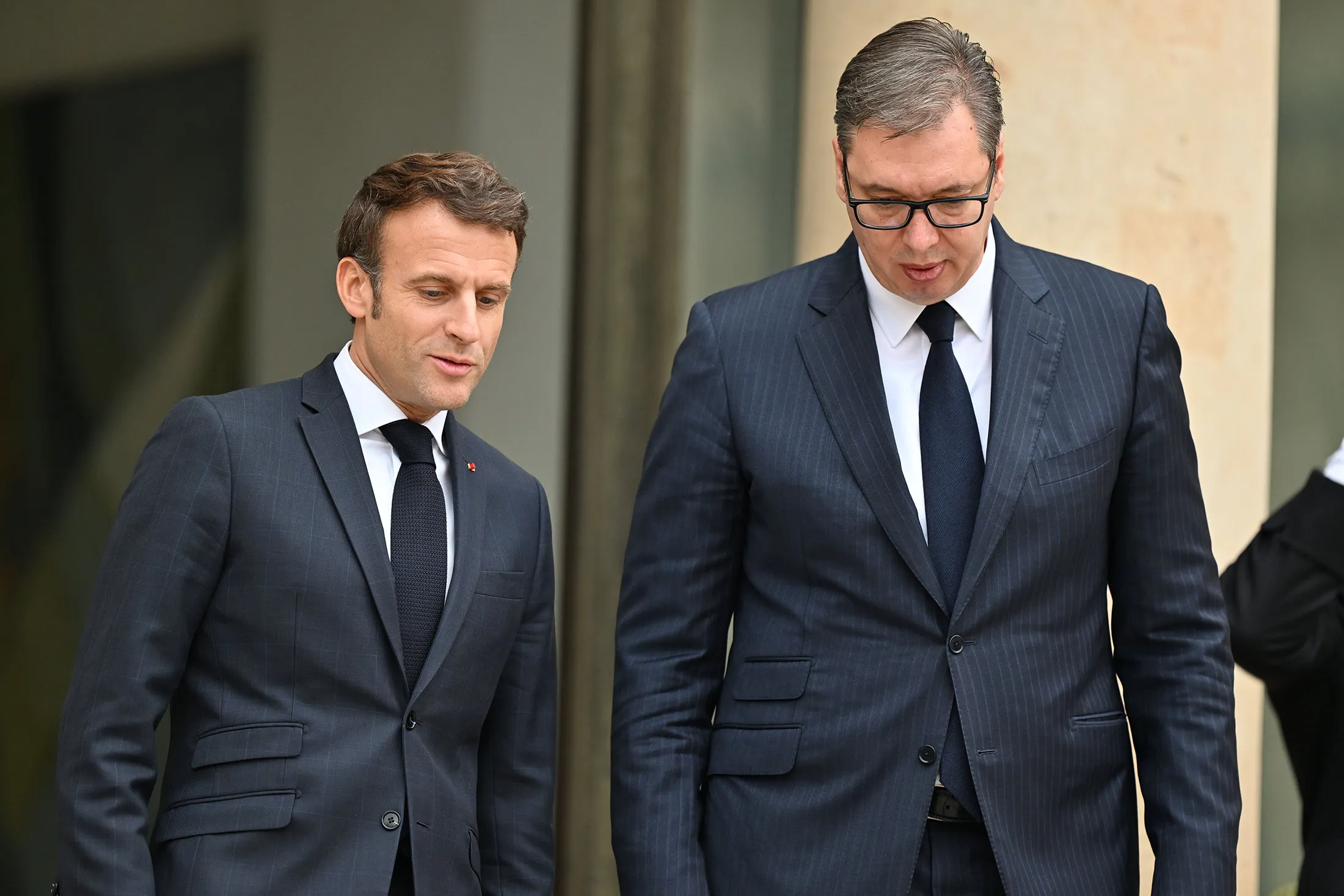 French President Emmanuel Macron, left, and Prime Minister of Serbia Aleksandar Vucic at the Elysee Palace in Paris, on Nov. 10.