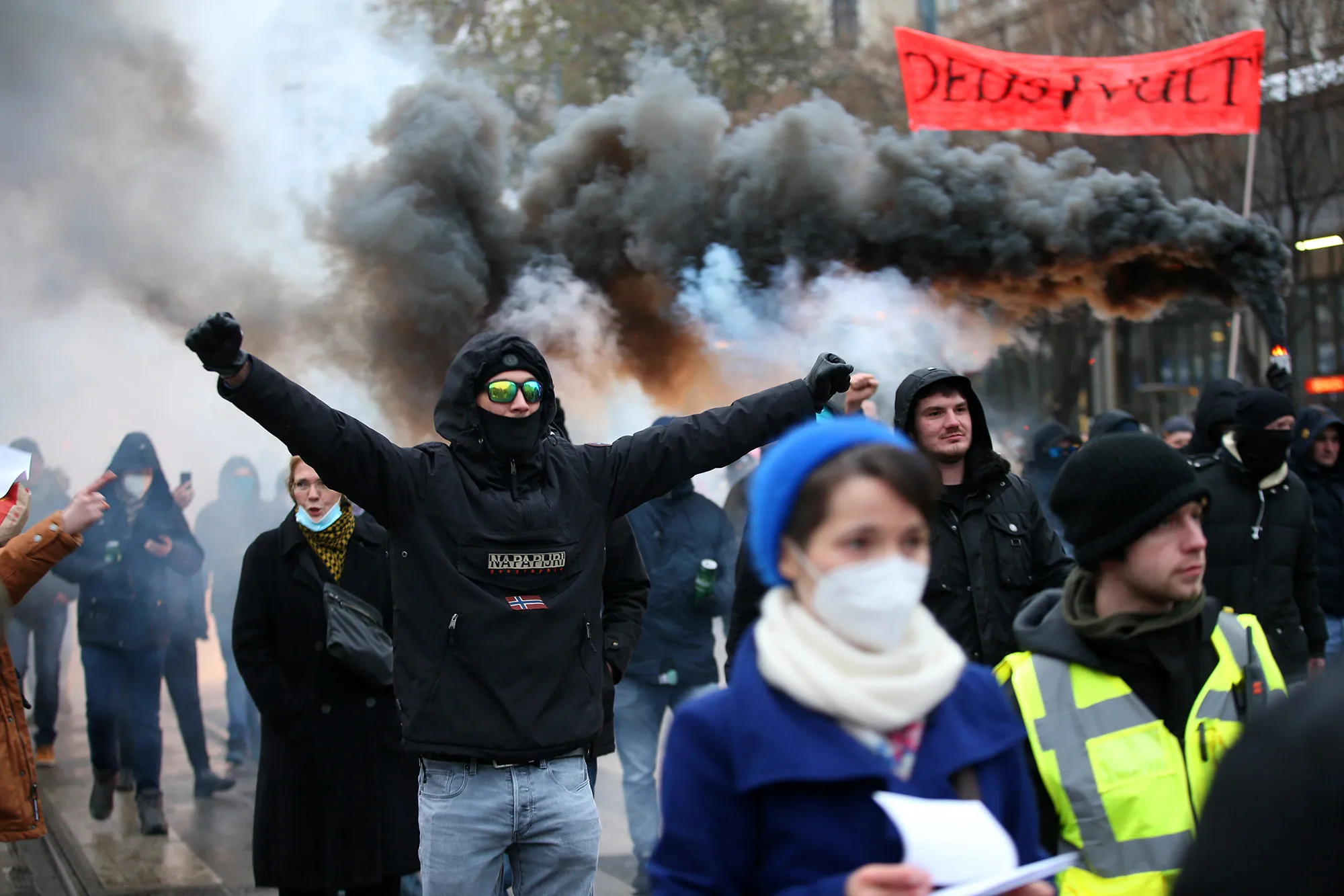 People gather at Heldenpltaz to protest against Covid-19 measures and mandatory COVID-19 vaccine in Vienna, on Dec.&nbsp;11.