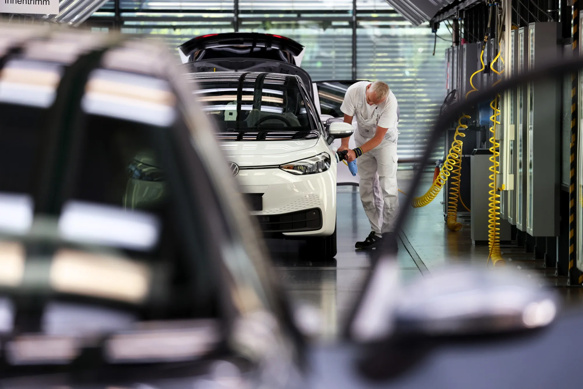 VW ID.3 electric automobiles on the final assembly line at the automaker's factory in Dresden.