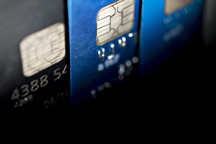 Visa Inc. chip credit cards are arranged for a photograph in Washington, D.C., U.S., on Friday, Oct. 21, 2016. Visa is expected to release fourth-quarter earnings figures on October 24.