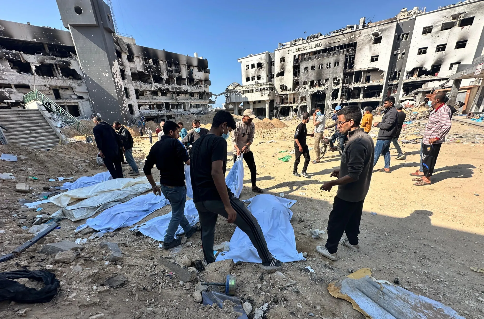 A mass grave is found in the courtyard of the Shifa Hospital in Gaza City on April 16.&nbsp;