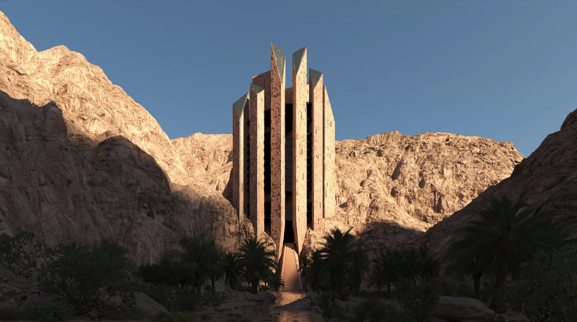 The planned Habitas Oasis resort shoots out of the ground in this rendering. The hotel in Leyja, part of Neom in Saudi Arabia, is expected to open in 2028.