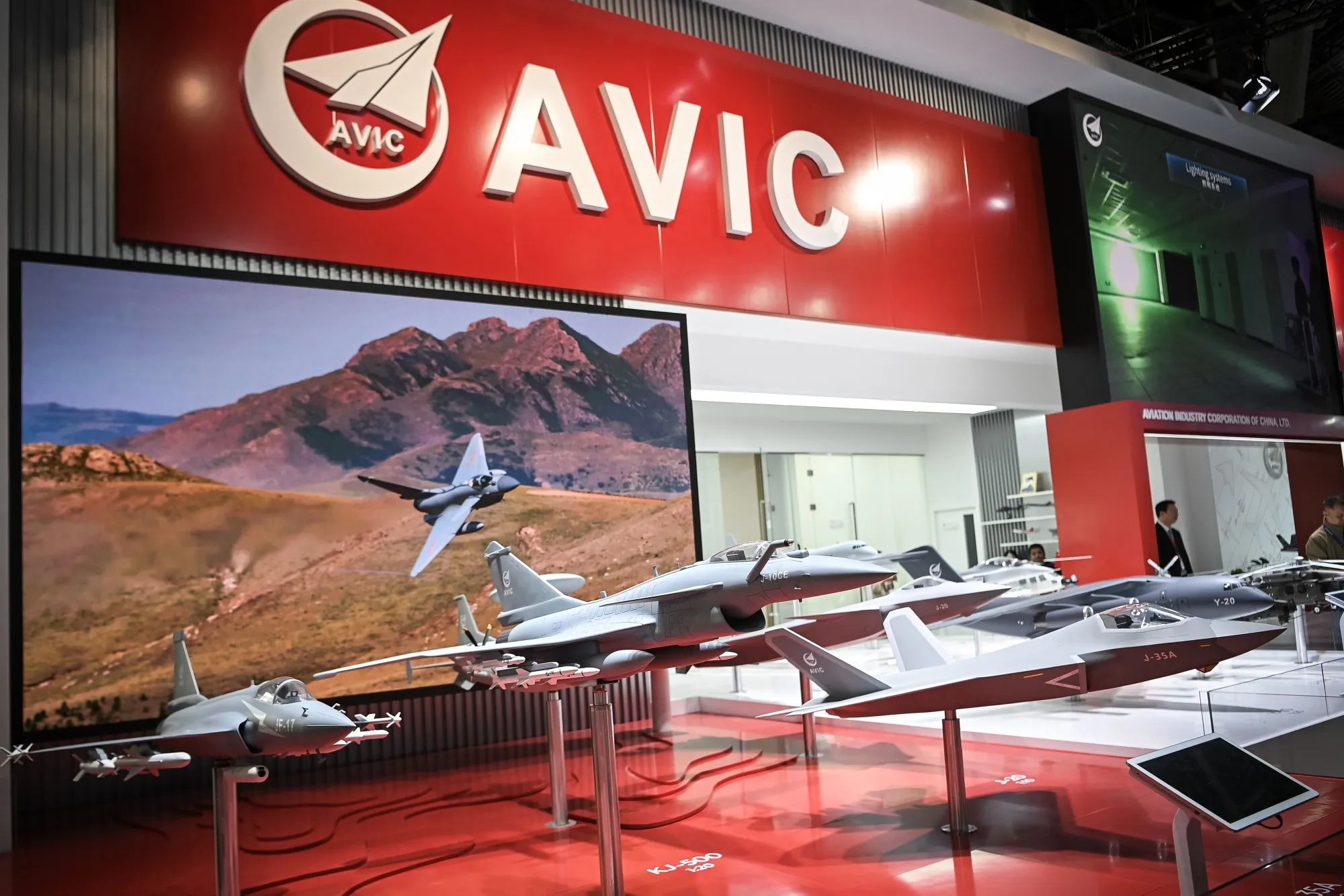 Aircraft models at an Avic pavilion during the 2025 Paris Air Show.