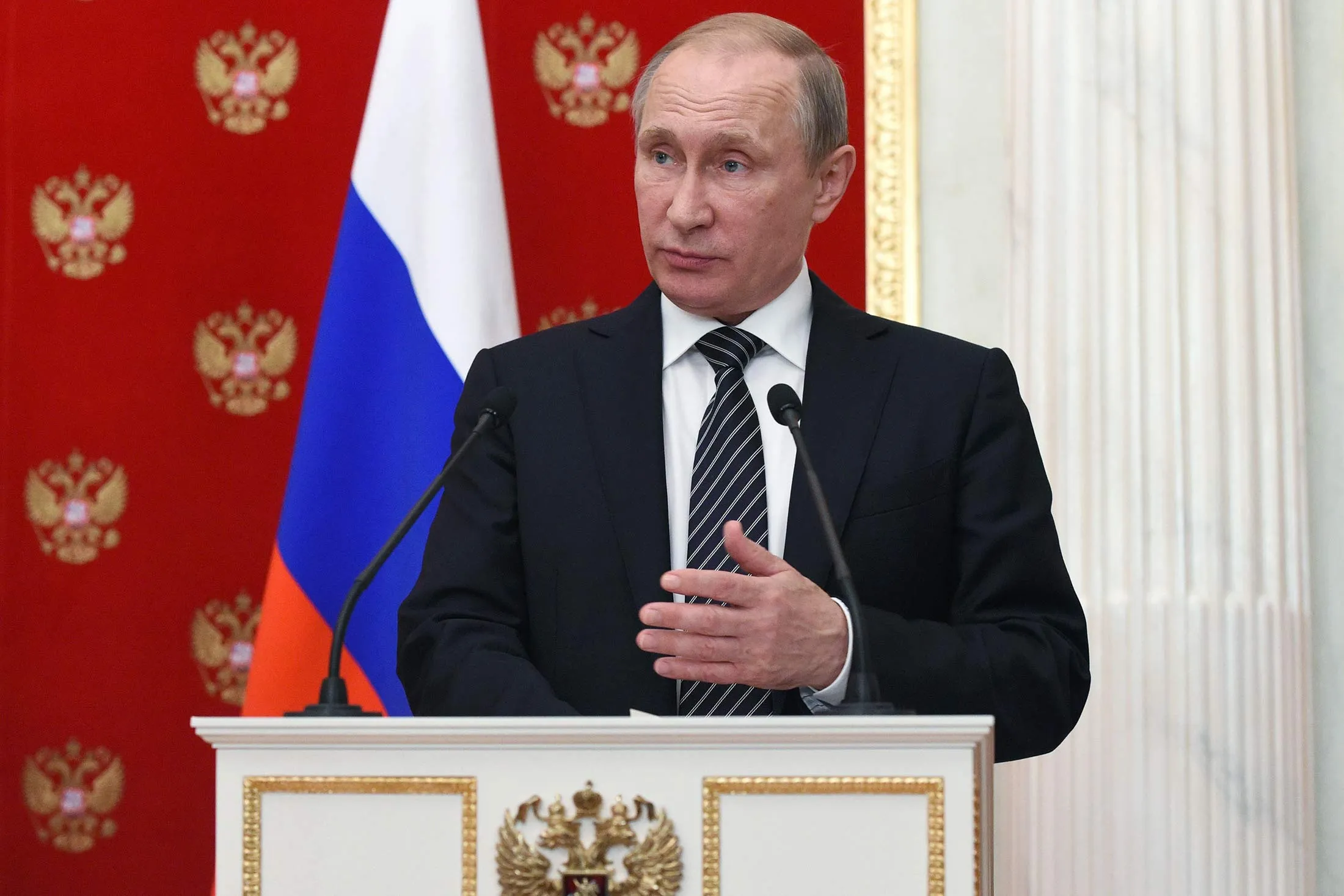 Russian President Vladimir Putin speaks during a press conference at the Kremlin in Moscow on Aug. 10.
