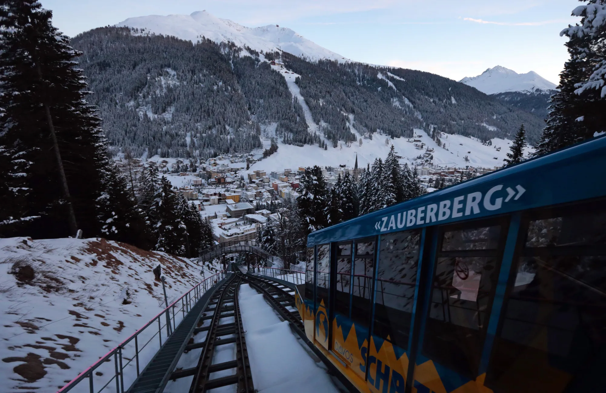 The Schatzalp funicular railcar travels up the mountain in Davos, Switzerland.
