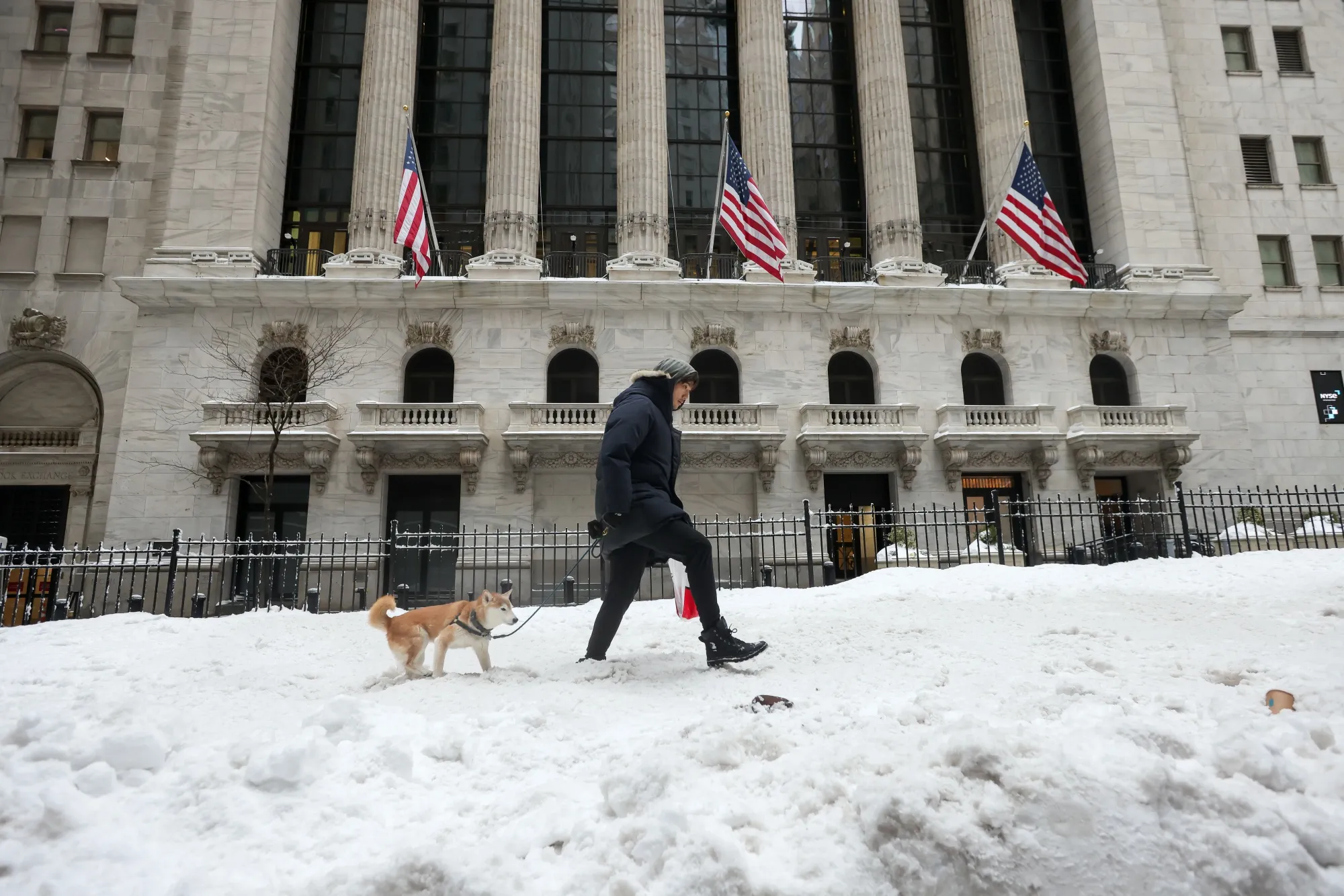ニューヨーク証券取引所の前を犬と散歩