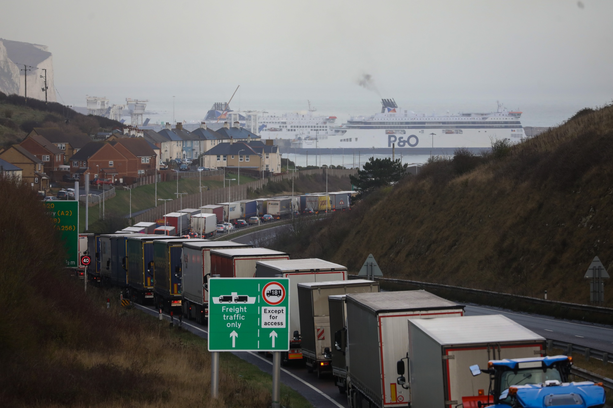 Haulage trucks near the Port of Dover Ltd. in Dover, U.K., on&nbsp;Dec. 11.
