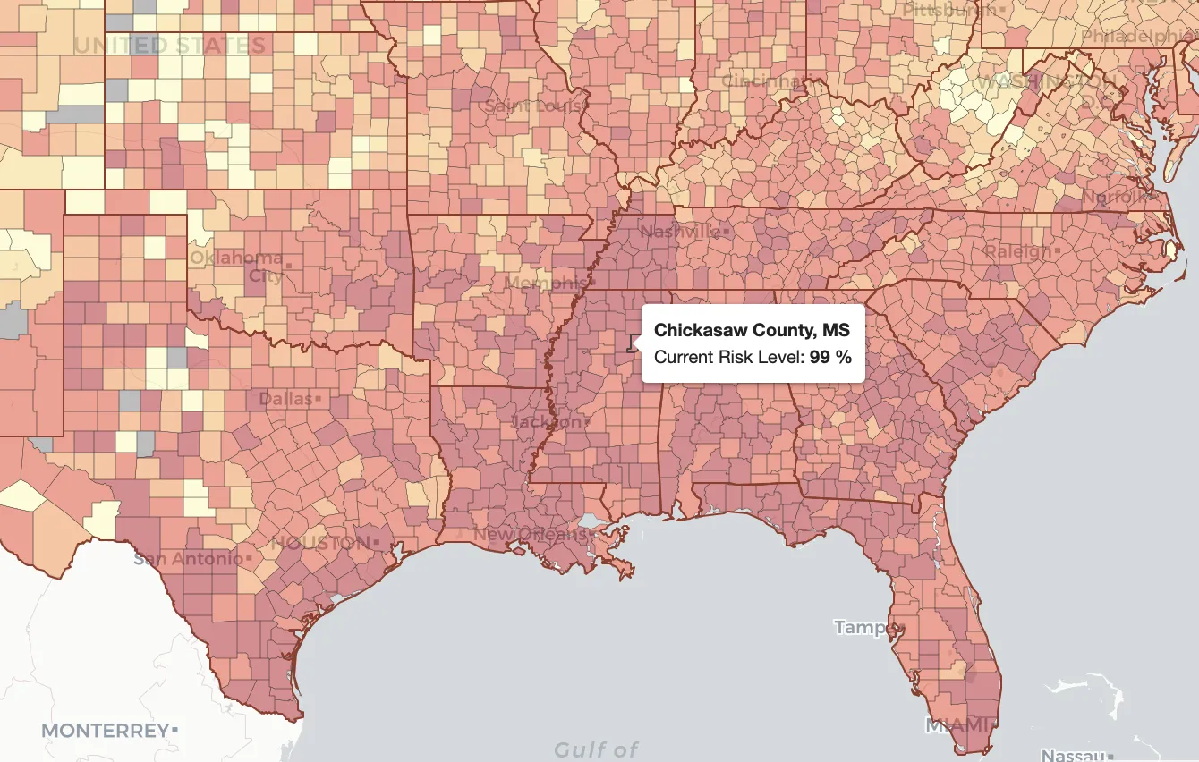 The odds of one person in a group of 100 being infected with Covid-19 are 99% throughout the southeast U.S.