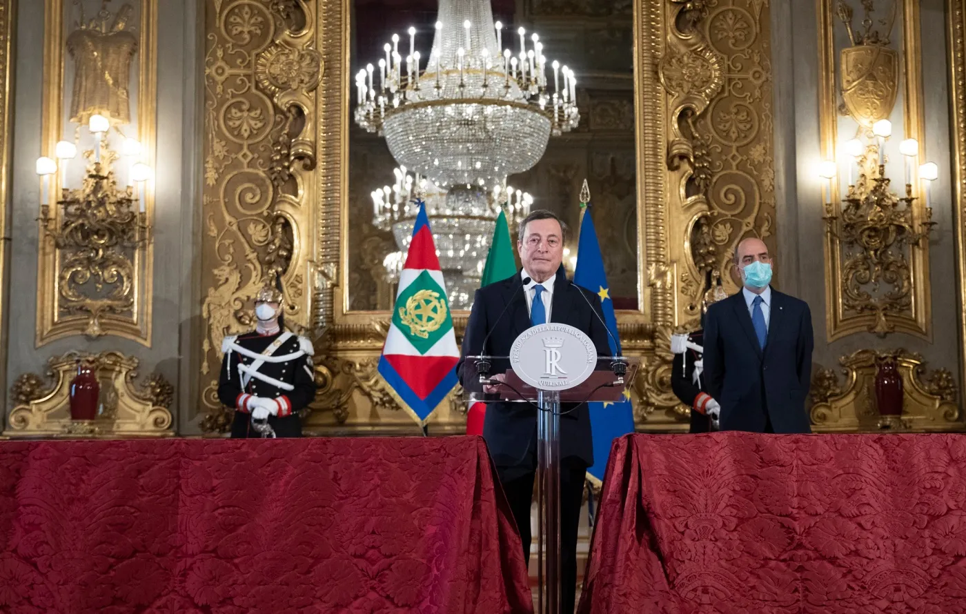 Mario Draghi speaks following talks with Italian President Sergio Mattarella in Rome, on Feb. 3.