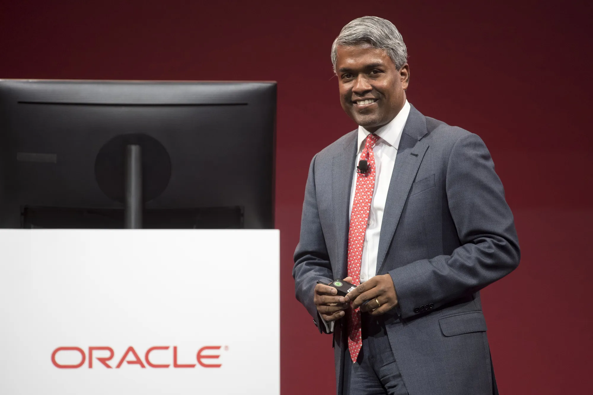 Thomas Kurian at the Oracle OpenWorld 2017 conference in San Francisco, California, U.S., on Tuesday, Oct. 3, 2017.