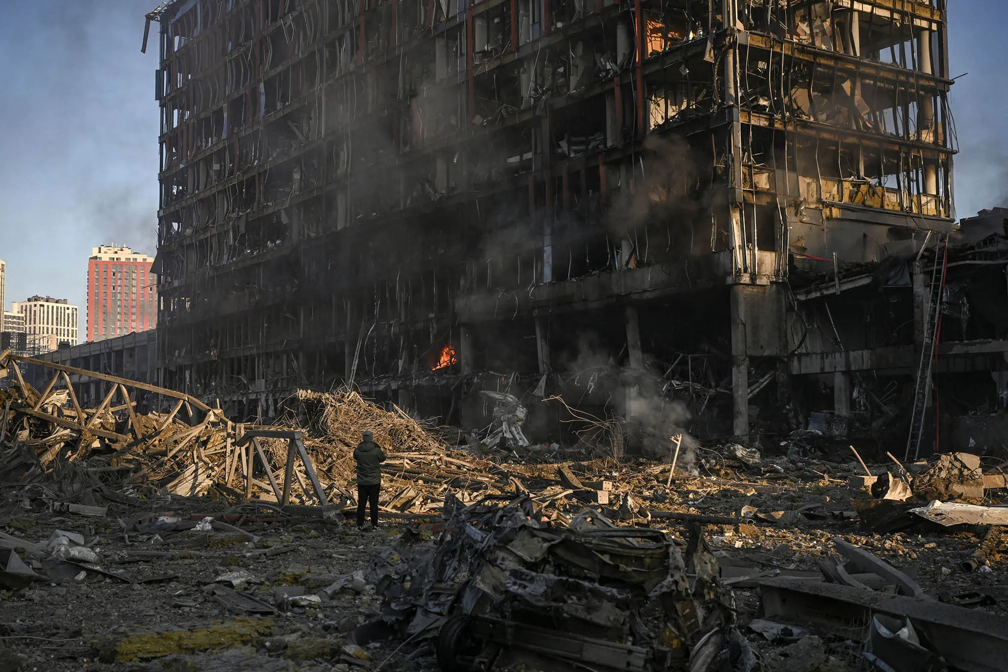 The destroyed Retroville shopping mall after a Russian attack in Kyiv on Monday.