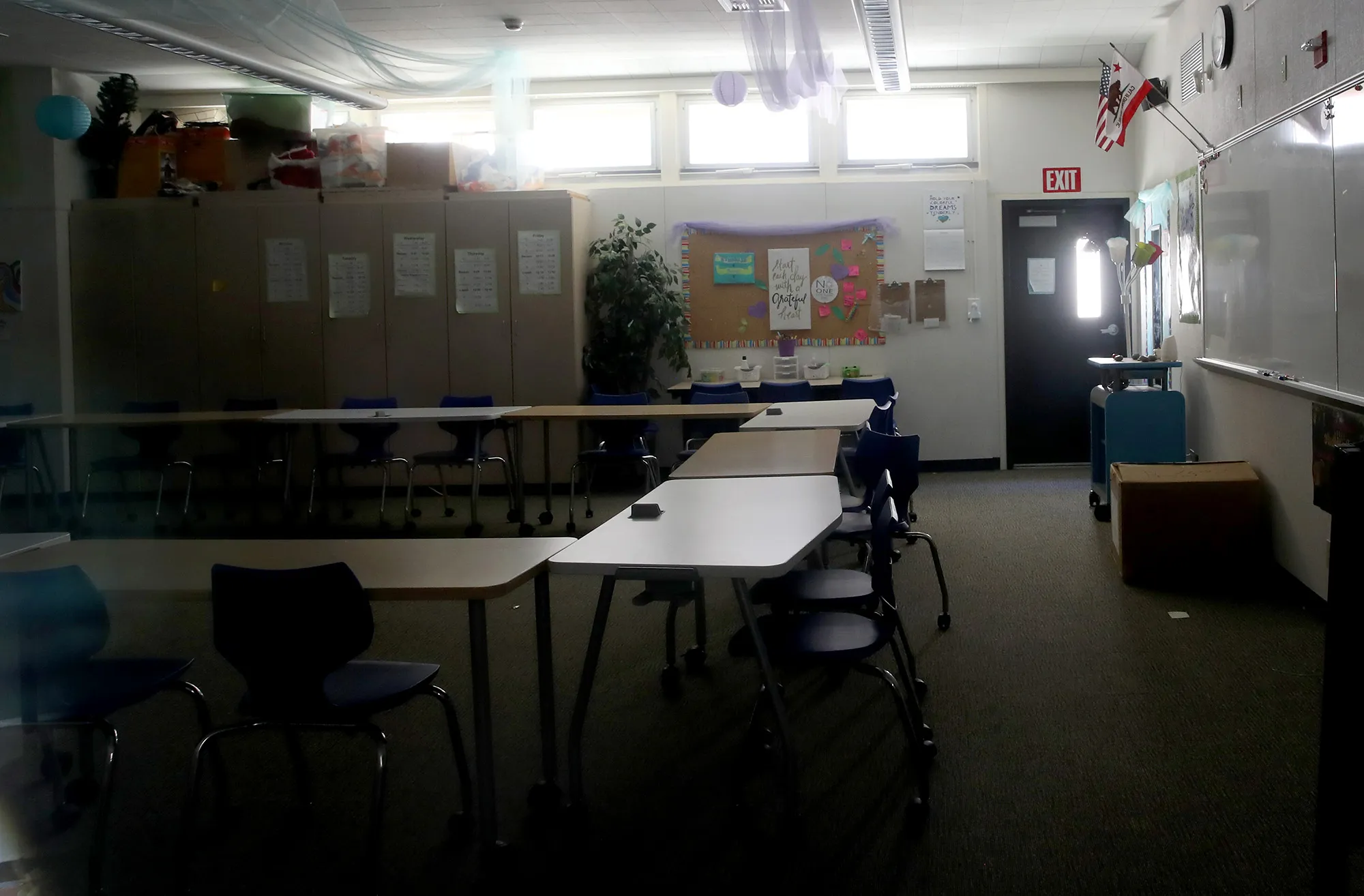 A classroom sits empty in Kentfield, California on April 1.