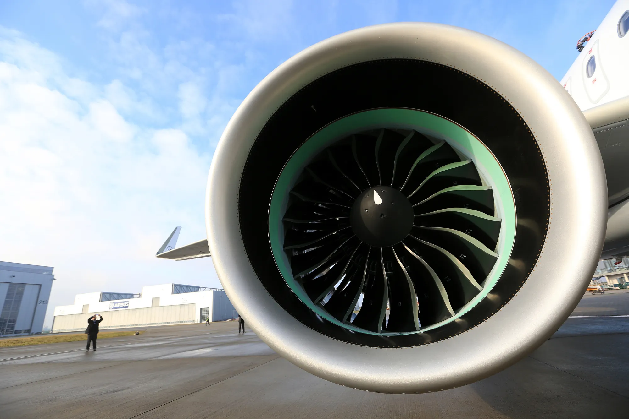 A Pratt & Whitney turbofan engine installed on an Airbus A320neo aircraft.