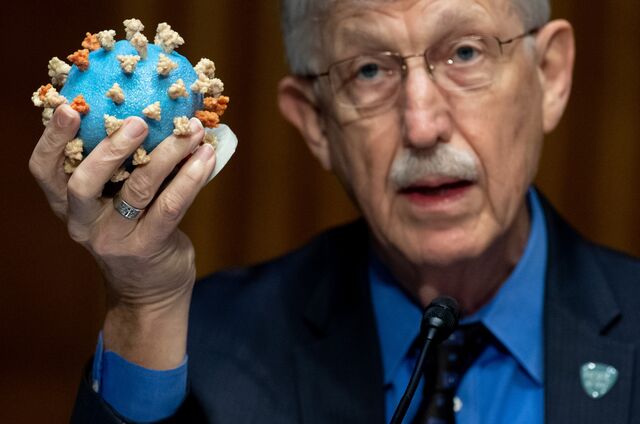 Francis Collins, director of the U.S. National Institutes of Health (NIH), holds a model of Covid-19 while speaking during a Senate Appropriations Subcommittee hearing in Washington, D.C.