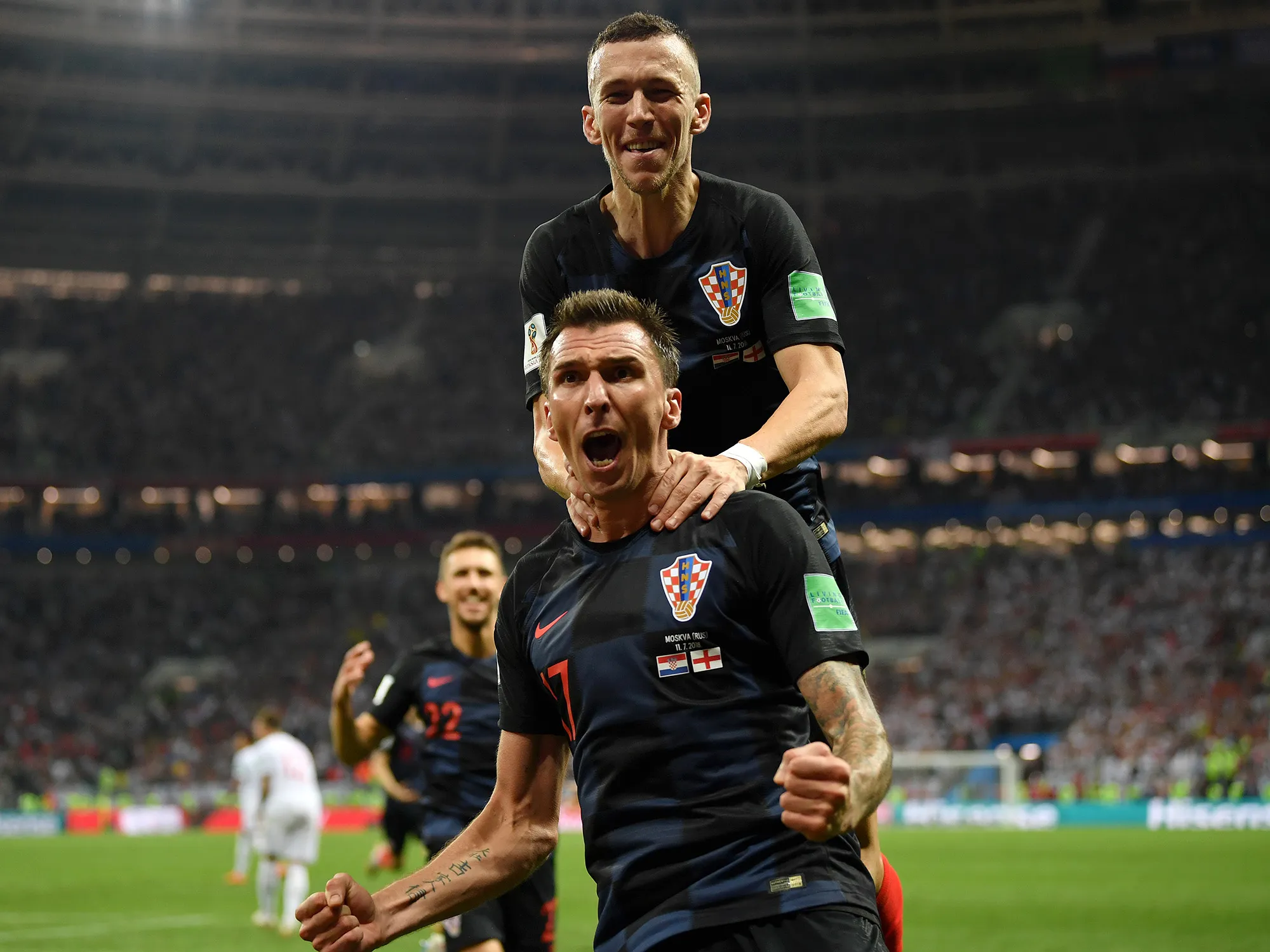Mario Mandzukic of Croatia celebrates after scoring his team's second goal during the FIFA World Cup Russia Semi Final match between England and Croatia in Moscow on July 11, 2018.