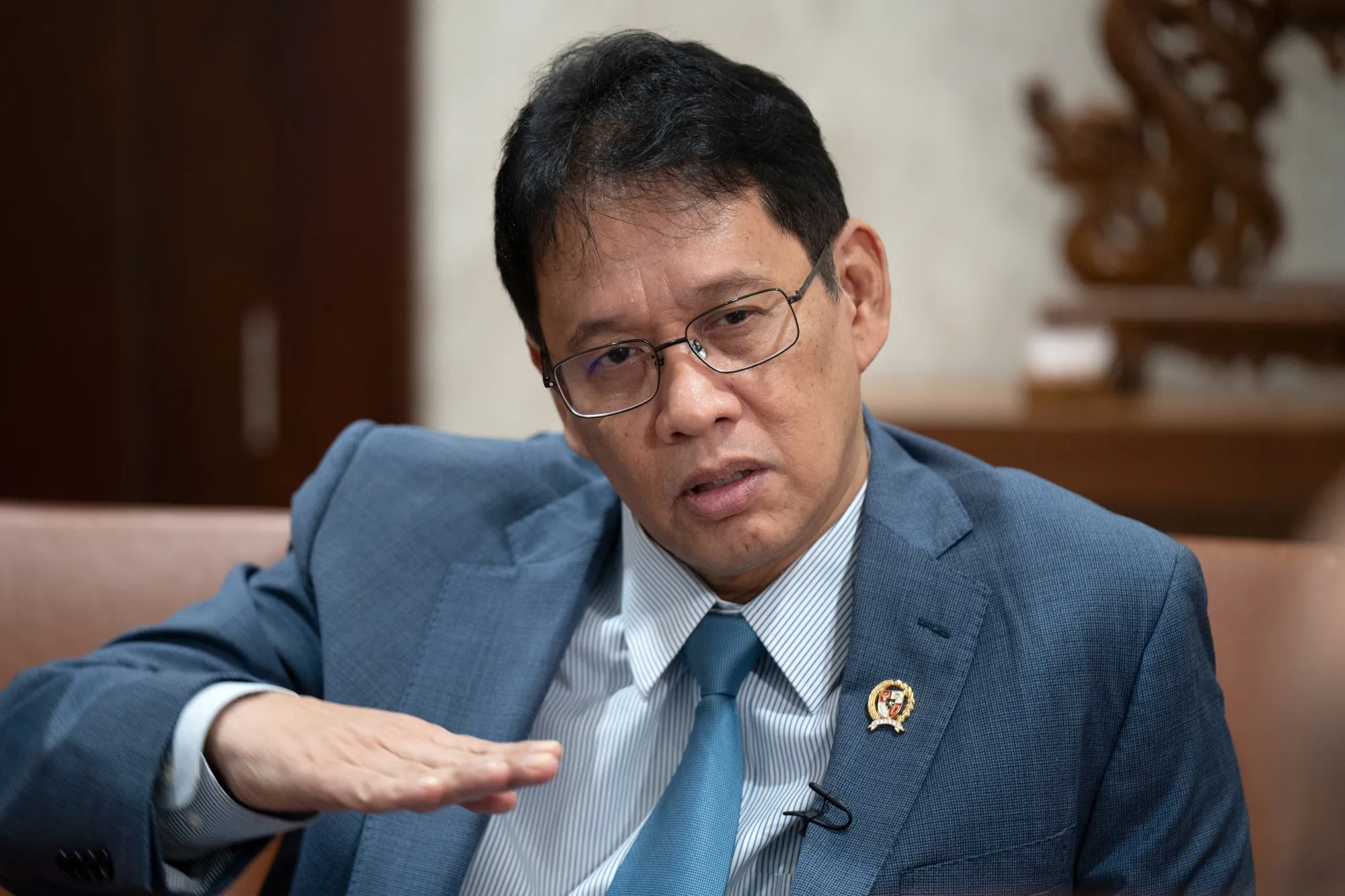 Purbaya Yudhi Sadewa speaks during an interview in Jakarta on April 2.