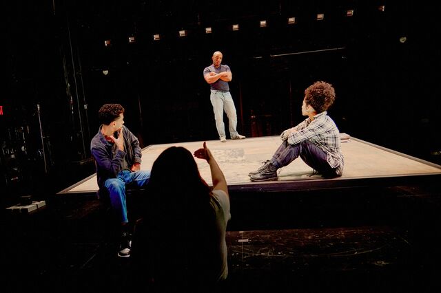 Austin Smith (left), Sharlene Cruz and Jasai Chase-Owens (right) during a rehearsal of Sanctuary City at the New York Theatre Workshop in Manhattan.