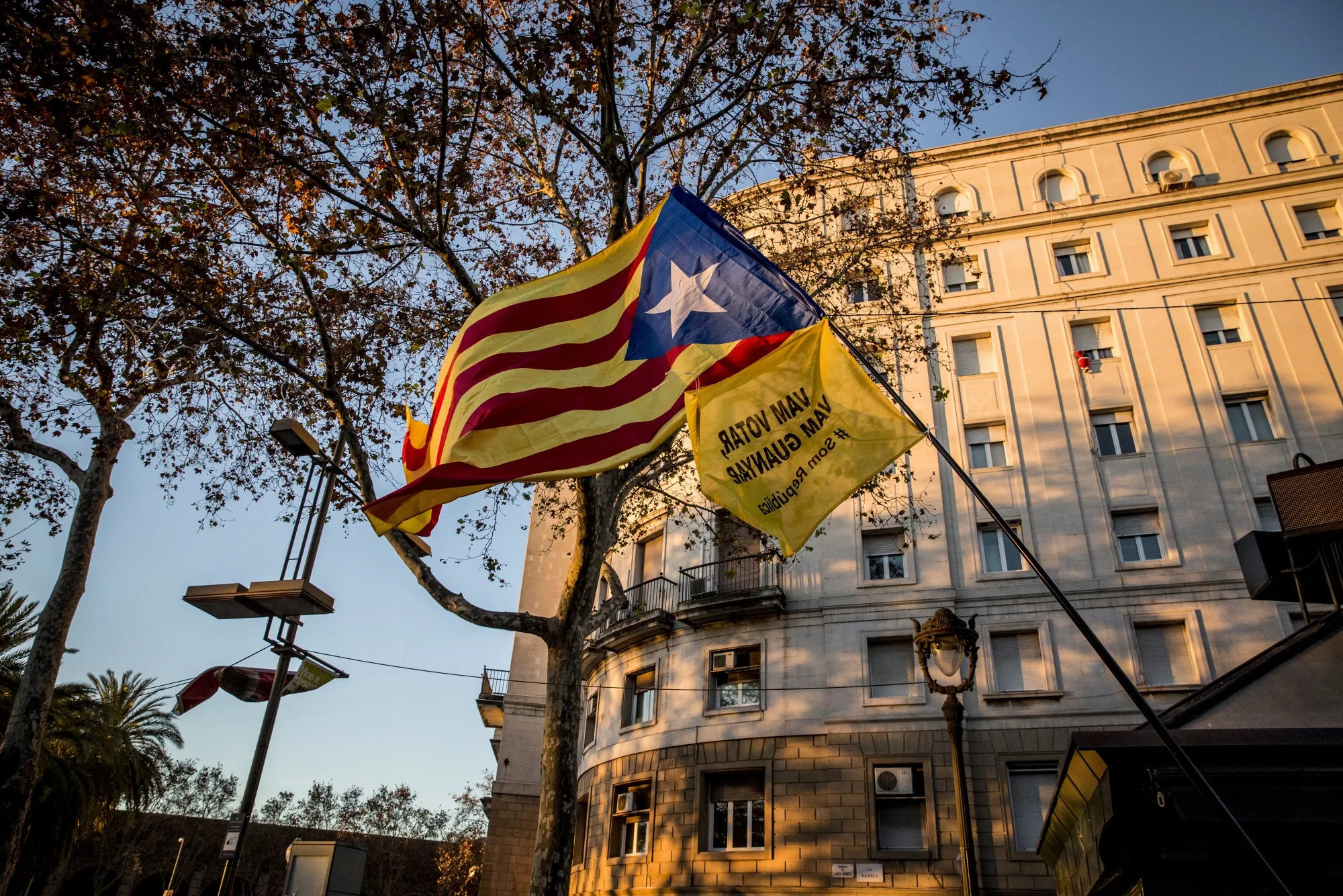 A supporter of Catalan independence carries a Catalan estelada flag during a protest&nbsp;in Barcelona.