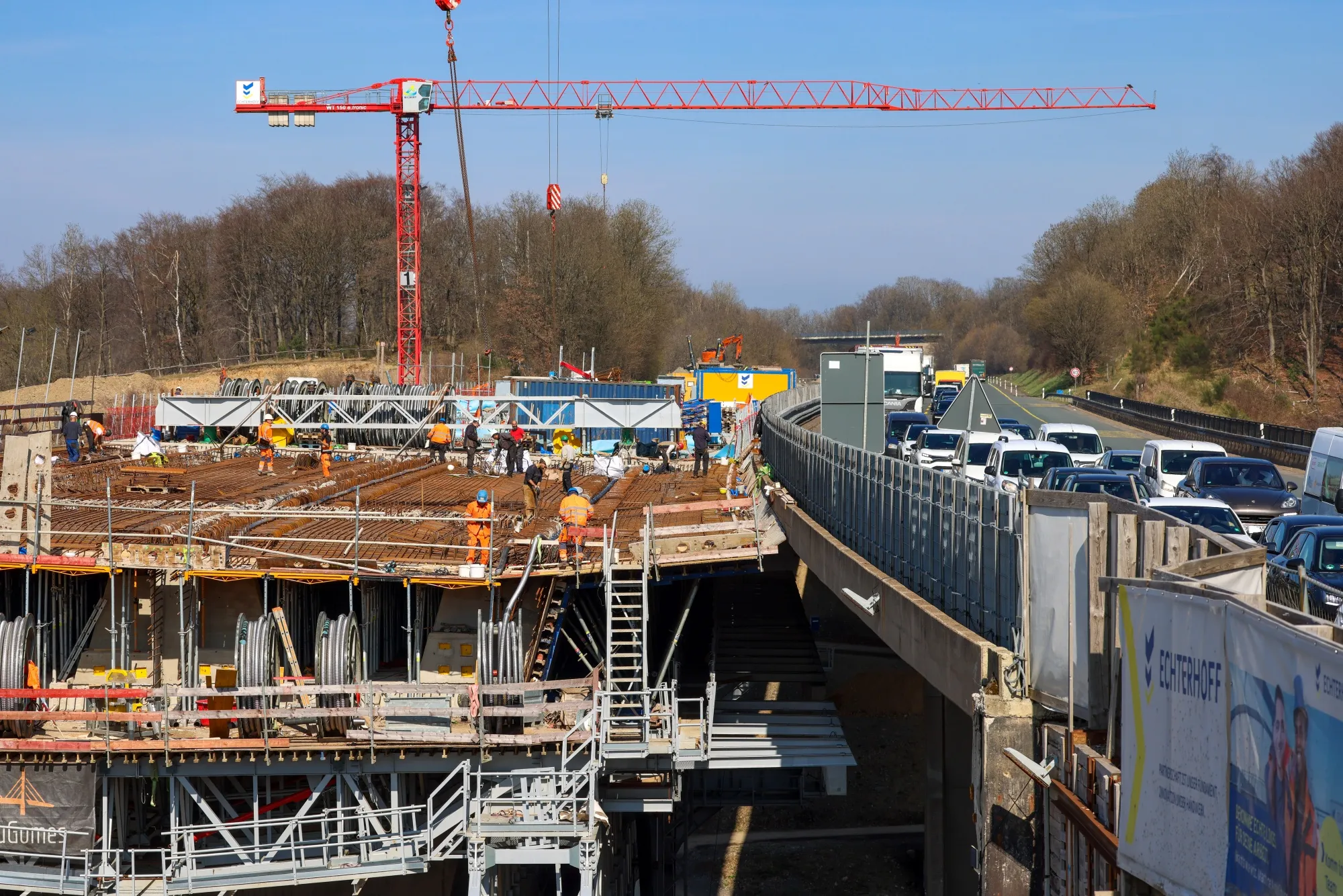 Workers on a highway bridge construction site&nbsp;near Luedenscheid, Germany.