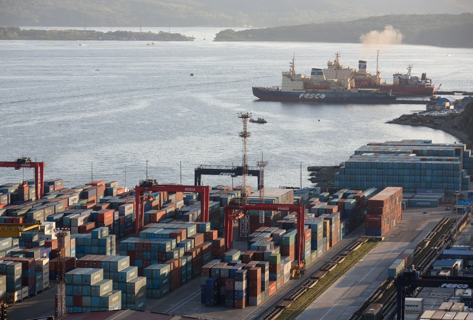 Shipping containers at the Commercial Port of Vladivostok in Vladivostok, Russia.
