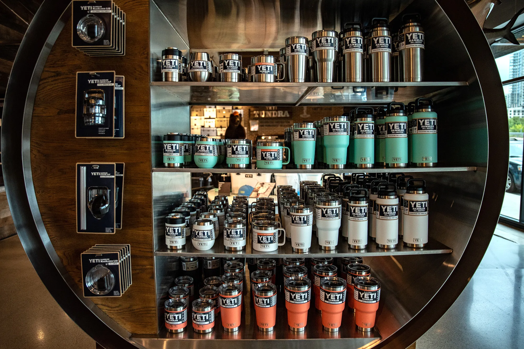 Rambler mugs and thermoses sit on display for sale at the Yeti flagship store in Austin, Texas.