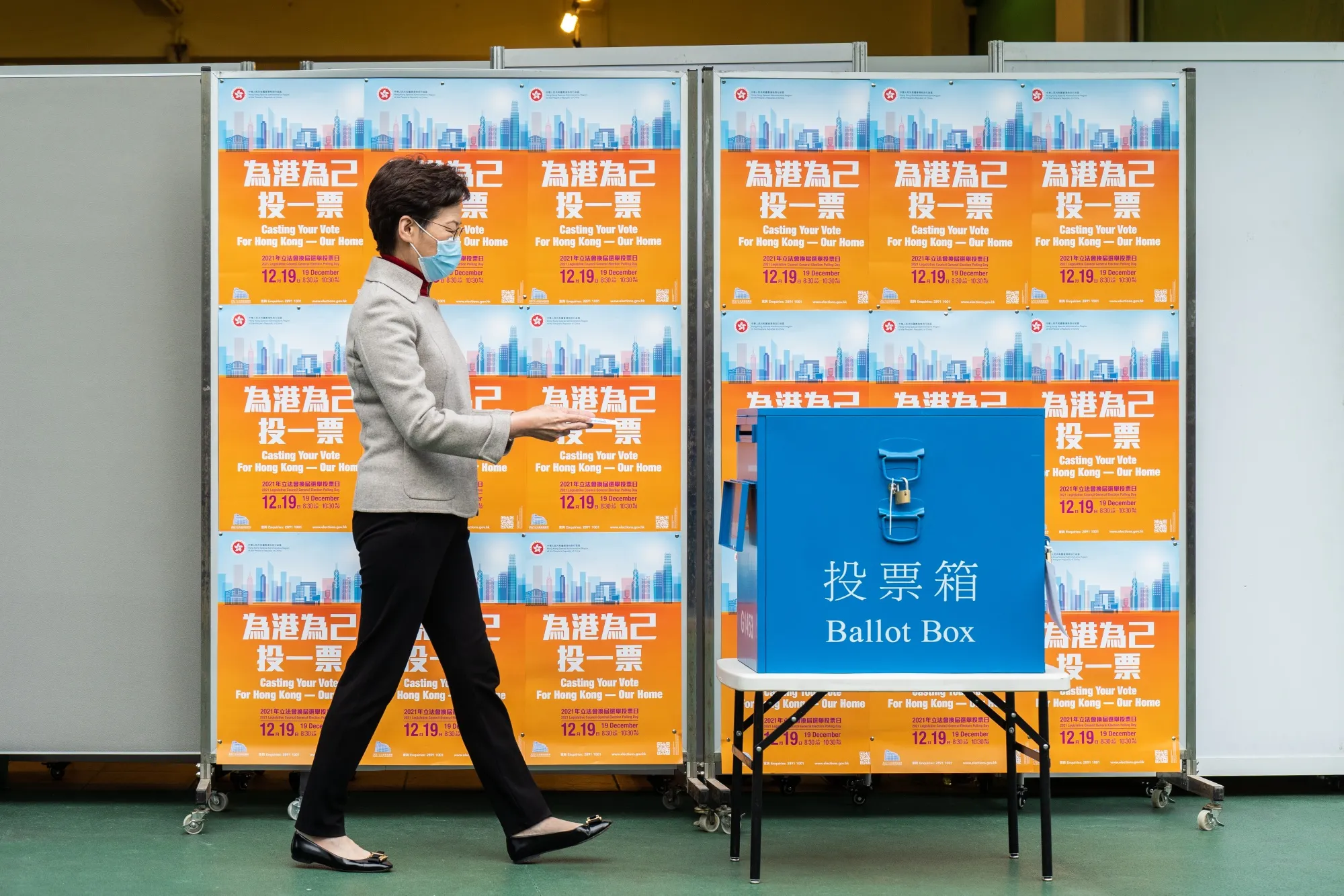 Carrie Lam casts her ballot on Dec. 19.