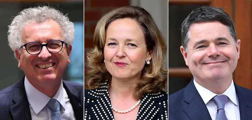 EU finance chiefs Pierre Gramegna, left, Nadia Calvino, center,&nbsp;and Paschal Donohoe.