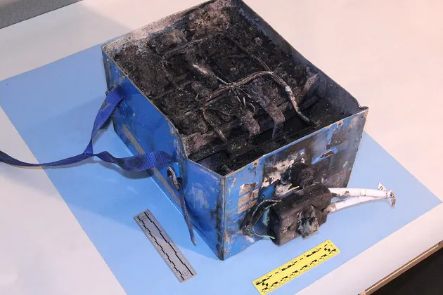 The burned auxiliary power unit battery from a JAL Boeing 787 that caught fire on Jan. 7 at Boston's Logan International Airport