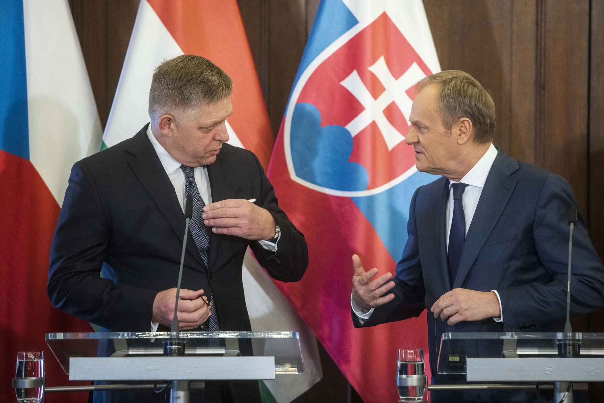 Robert Fico, Slovakia's prime minister, left, and Donald Tusk, Poland's prime minister, during a news conference in Prague, Czechia, on Feb. 27.&nbsp;
