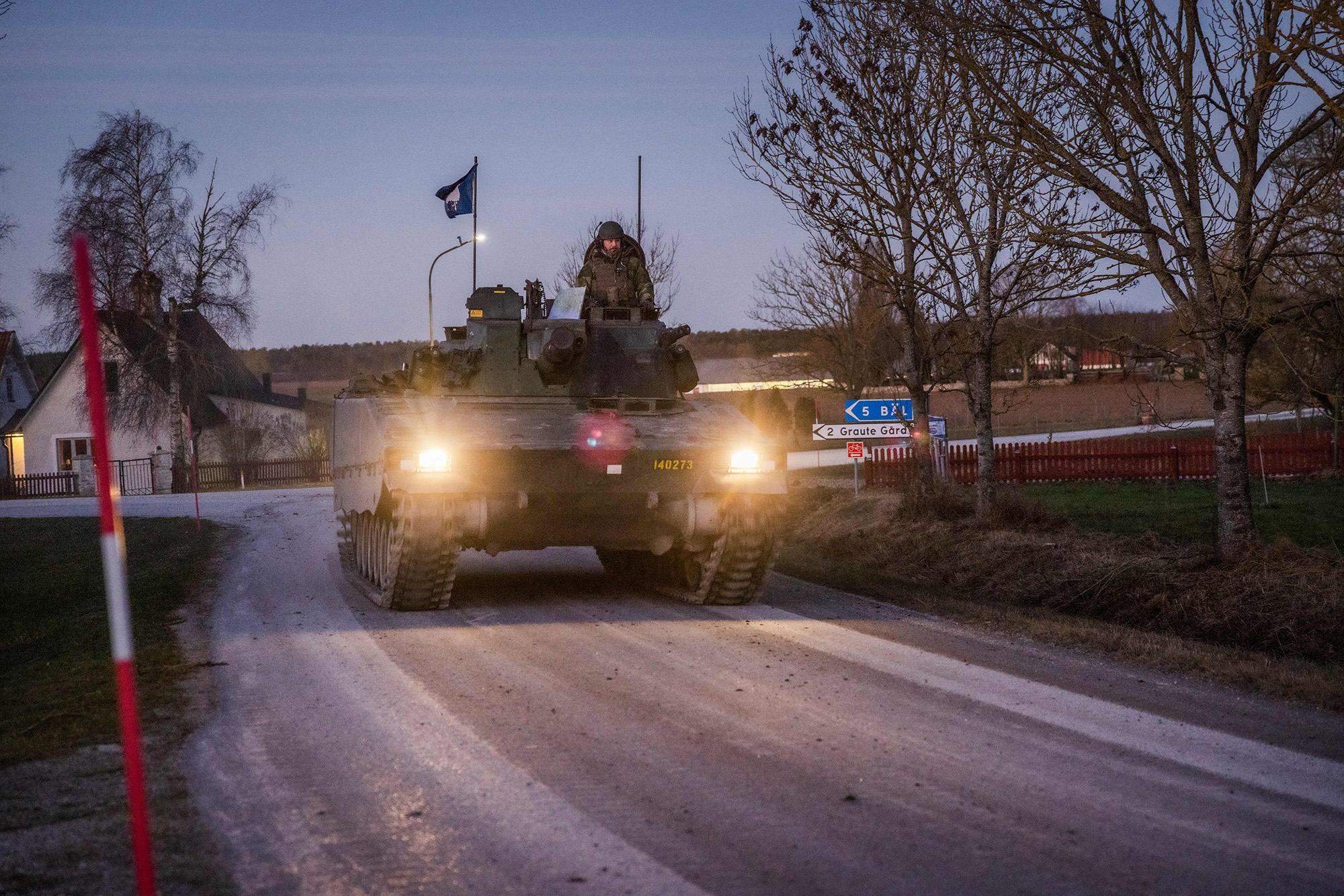Gotland's Regiment patrols in tanks on the roads in northern Gotland, Sweden on Jan. 16.&nbsp;