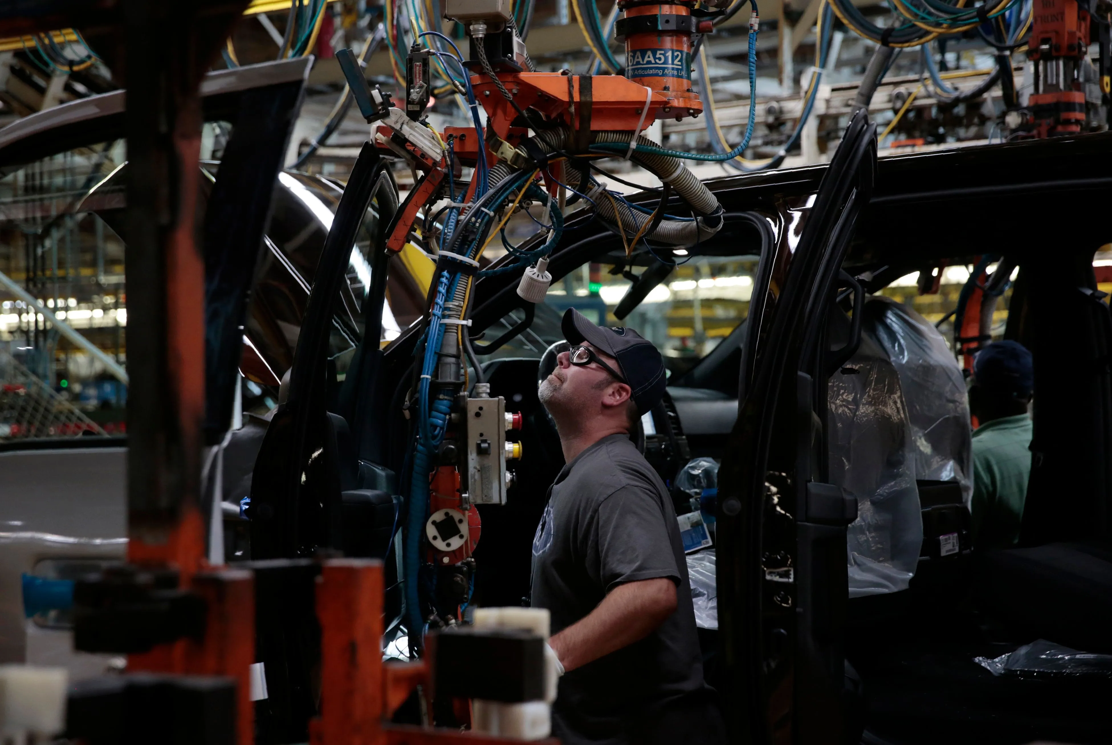 An employee works on the assembly line at the Ford Motor Company's Rouge Complex&nbsp;in Dearborn, Michigan.