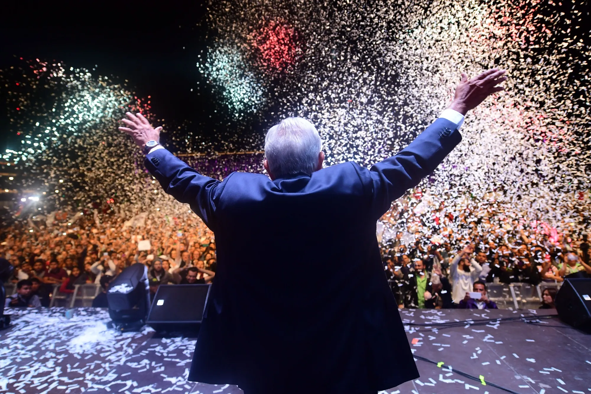 Andres Manuel Lopez Obrador cheers his supporters at Zocalo Square&nbsp;in Mexico City.&nbsp;
