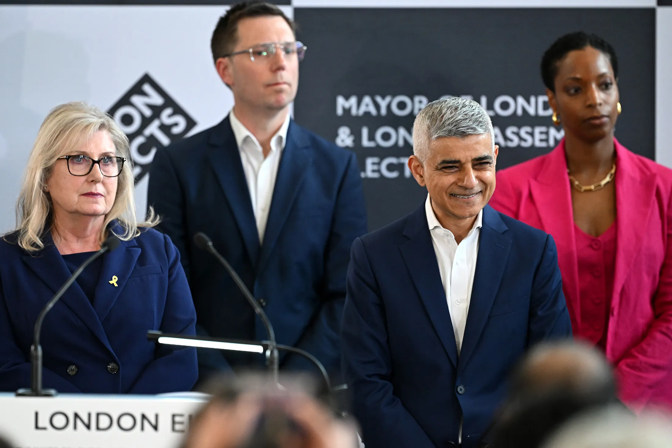 Sadiq Khan, second right, and Susan Hall, left, during a press conference following the London mayoral election at City Hall on May 4.