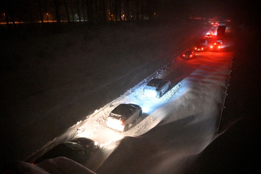 Vehicles stuck on the European route E22 at Ekeroed near Hoerby in southern Sweden.