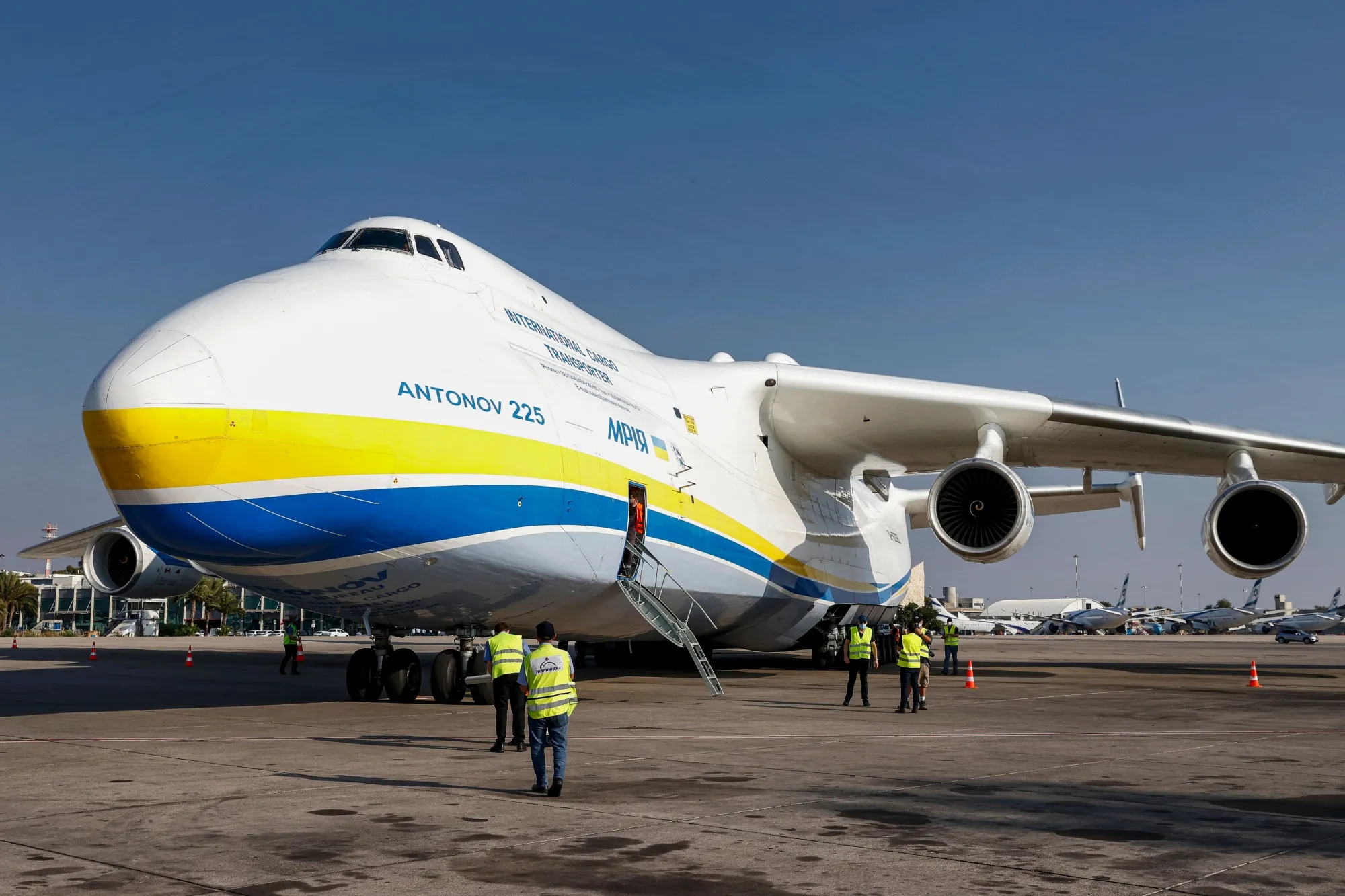 This picture taken on August 3, 2020 shows a view of the Soviet-built Antonov Airlines Antonov An-225 Mriya. (Photo by JACK GUEZ / AFP) (Photo by JACK GUEZ/AFP via Getty Images)