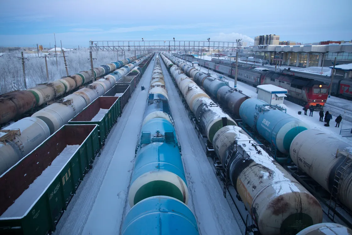 Fuel and oil wagons at the Surgut railway station in Russia.