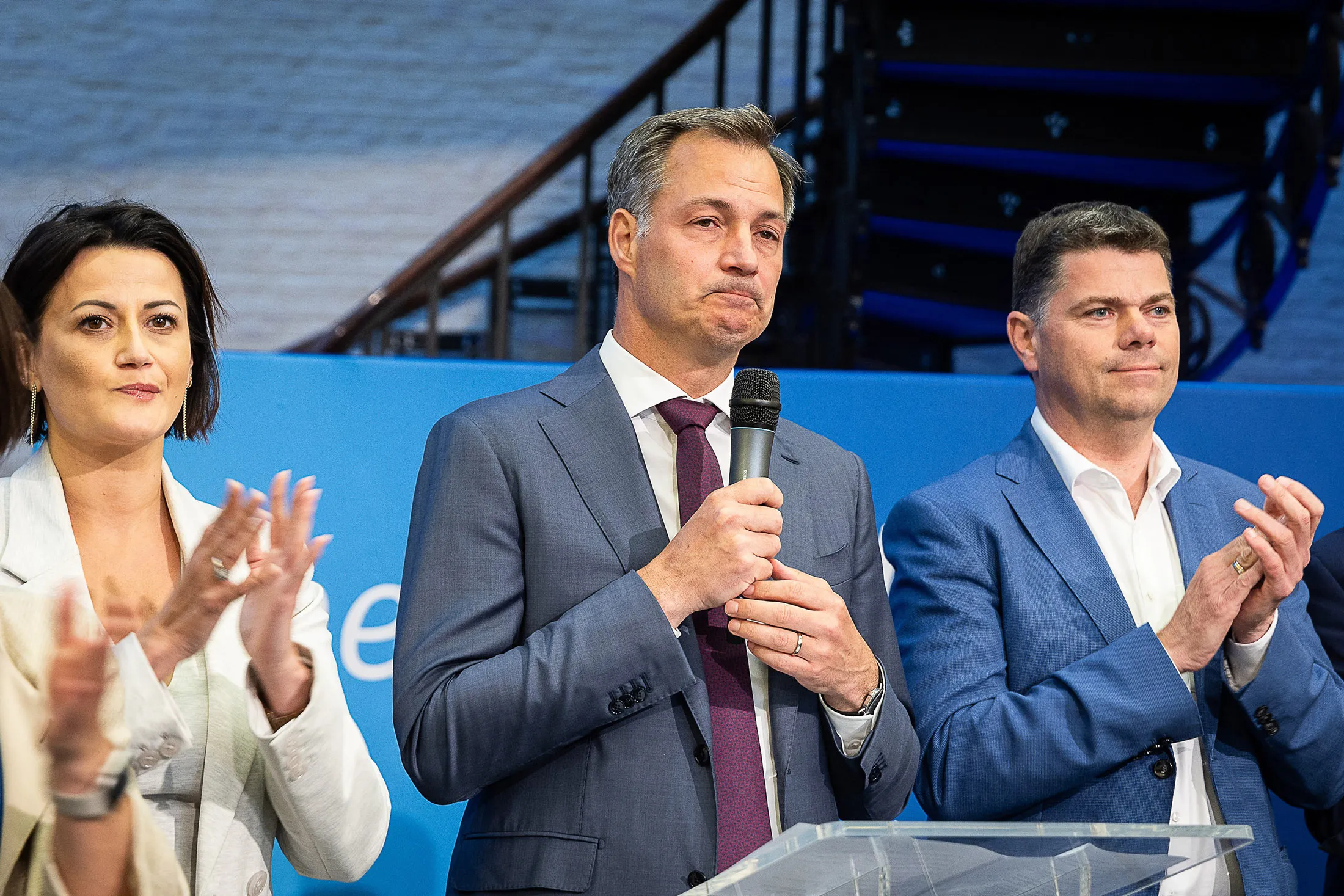 Alexander De Croo, center,&nbsp;during a&nbsp;rally at the&nbsp;Open Vld party headquarters, following the European Parliament elections&nbsp;in Brussels&nbsp;on June 9.