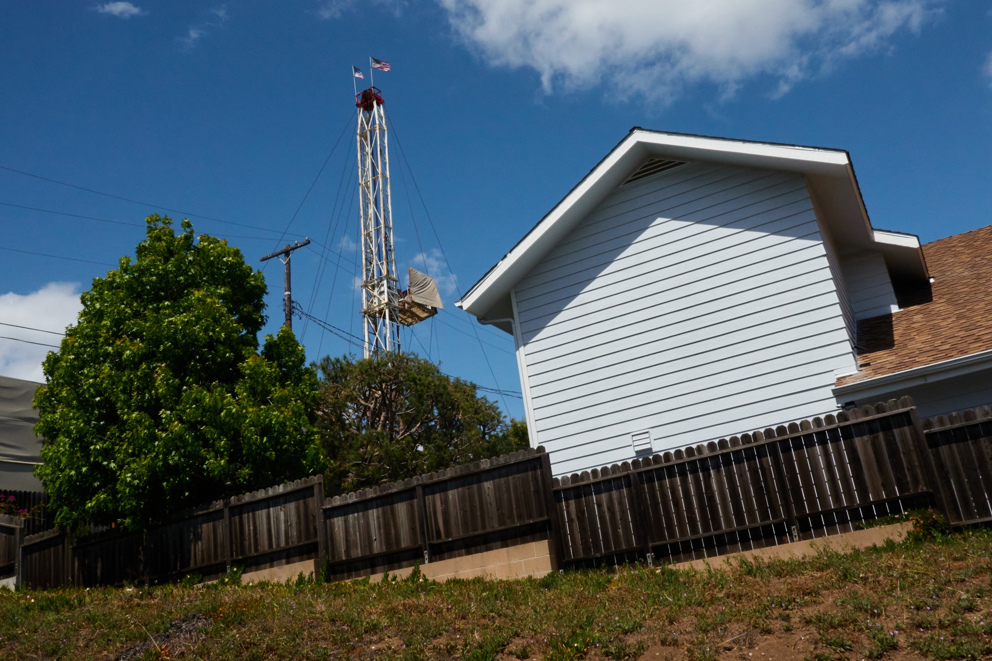 A drilling rig next to homes in a residential neighborhood near a natural gas storage facility in the Playa del Rey neighborhood of Los Angeles.