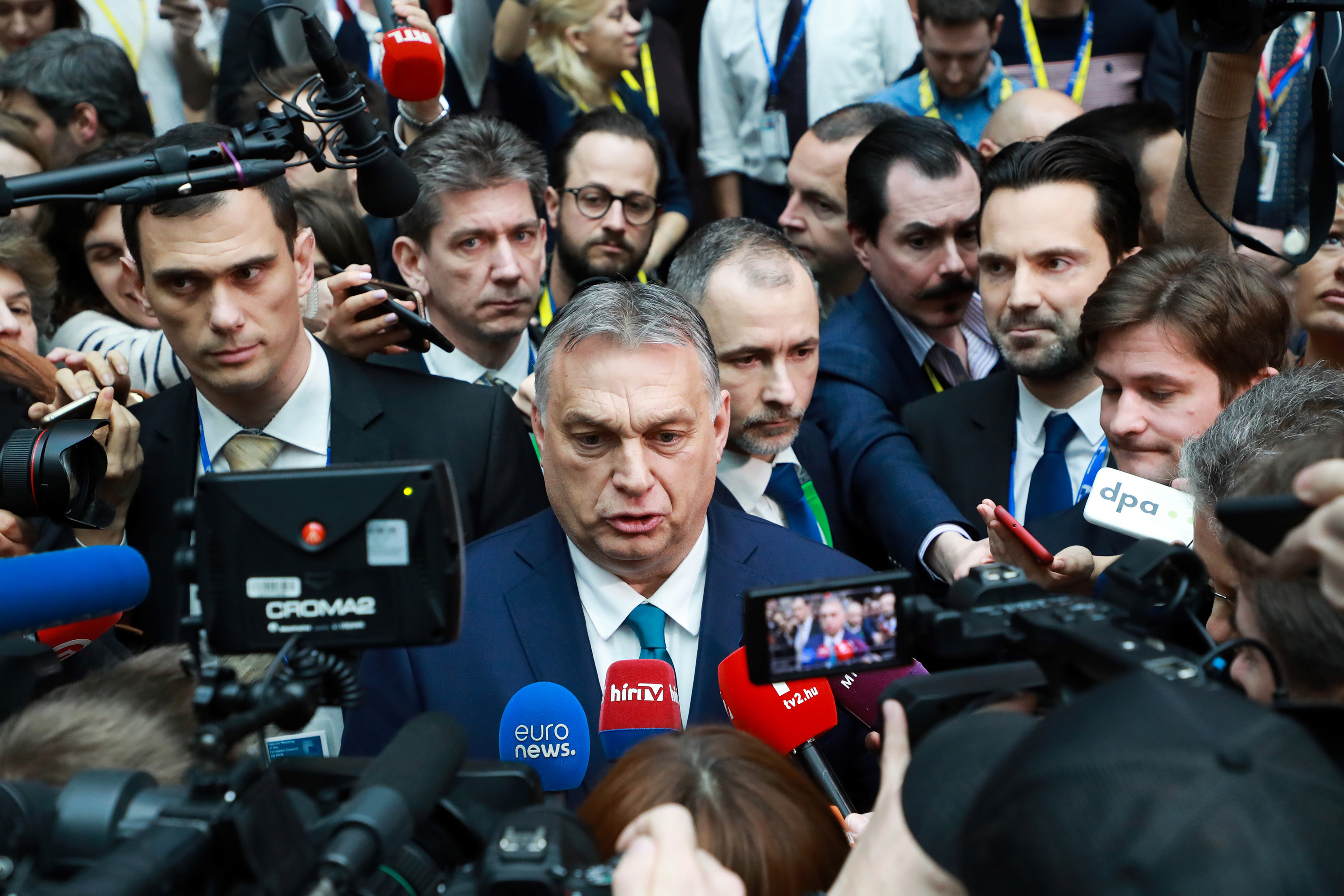 Viktor Orban speaks to the press in Brussels on Feb. 21.