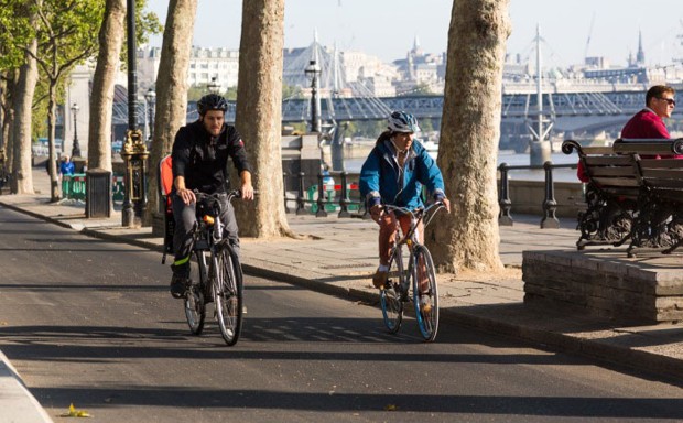 Cyclists on London's East-West Cycle Superhighway.