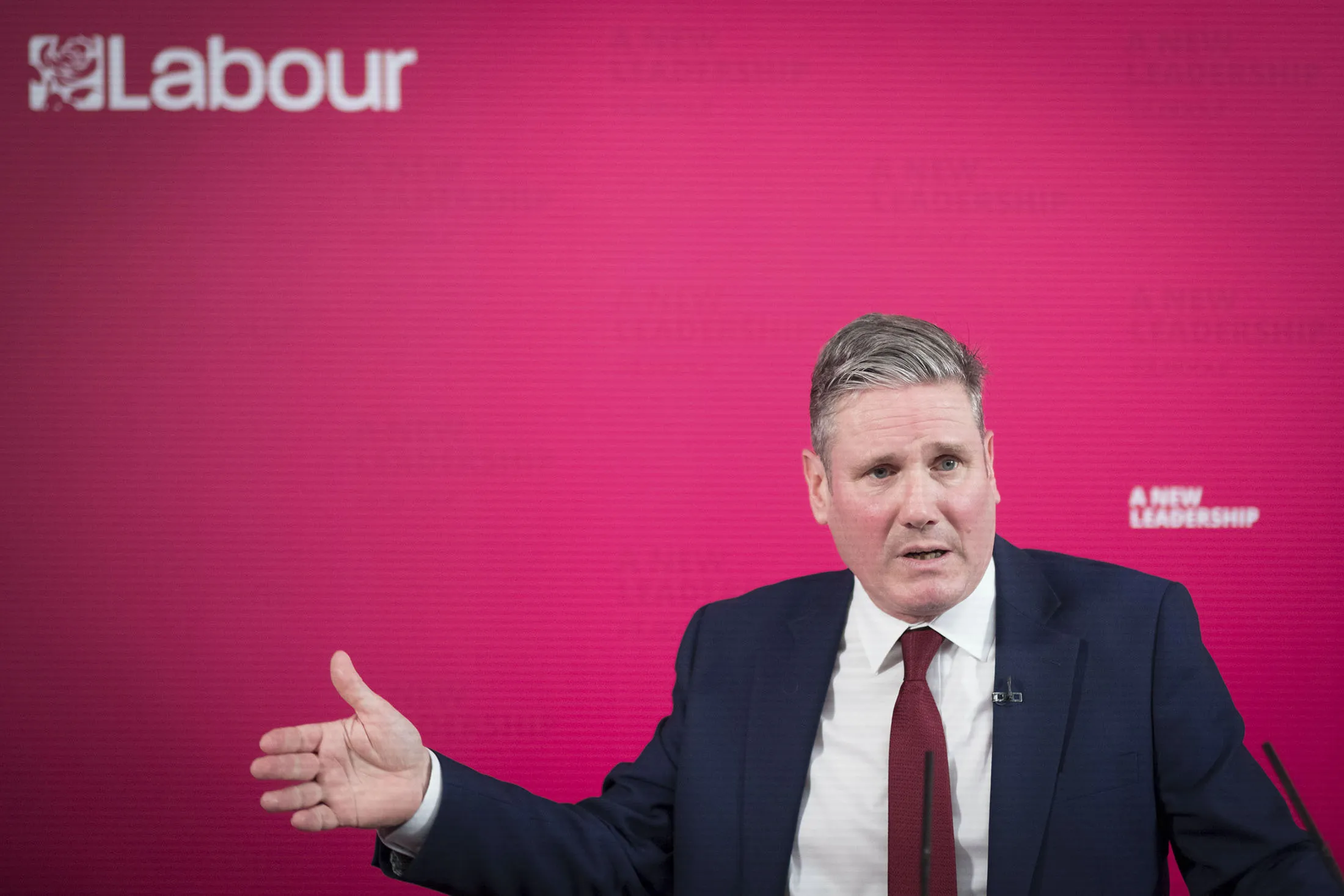 Keir Starmer delivers a virtual speech at the Labour Party headquarters in London.
