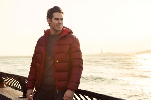 Moore gravitated to this Devils-red puffer jacket by Moncler immediately, agreeing to wear it before even trying it on. "I'm really into comfort and simple, quality things," he says.