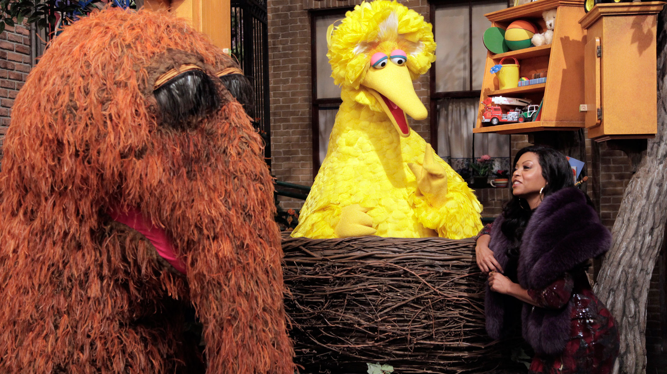 Mr. Snuffleupagus, left, Big Bird and actor Taraji P. Henson during the &quot;Sesame Street Promo&quot; skit on April 11, 2015 on an episode of &quot;Saturday Night Live.&quot;
