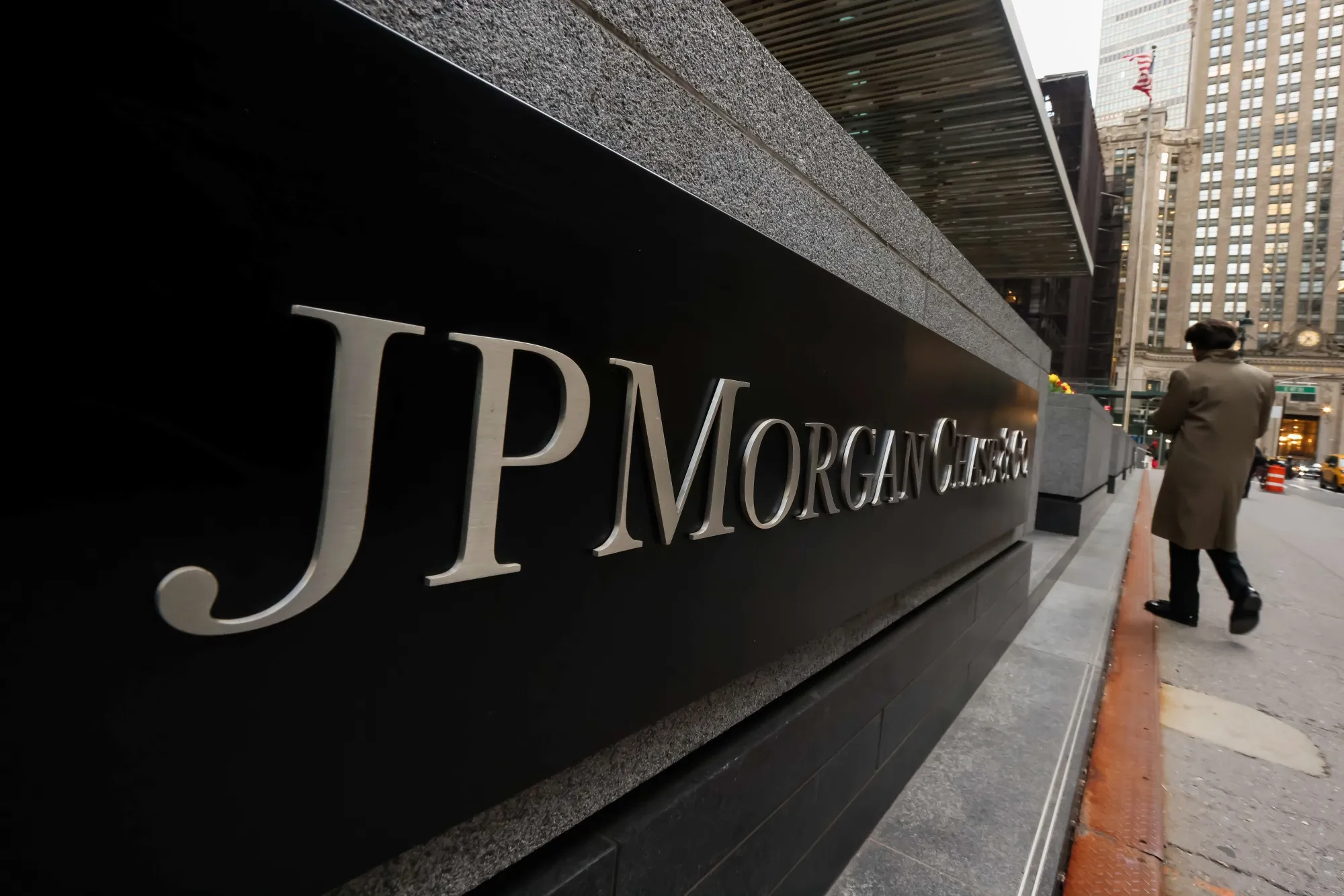 JPMorgan Chase &amp; Co. signage outside an office building in New York.