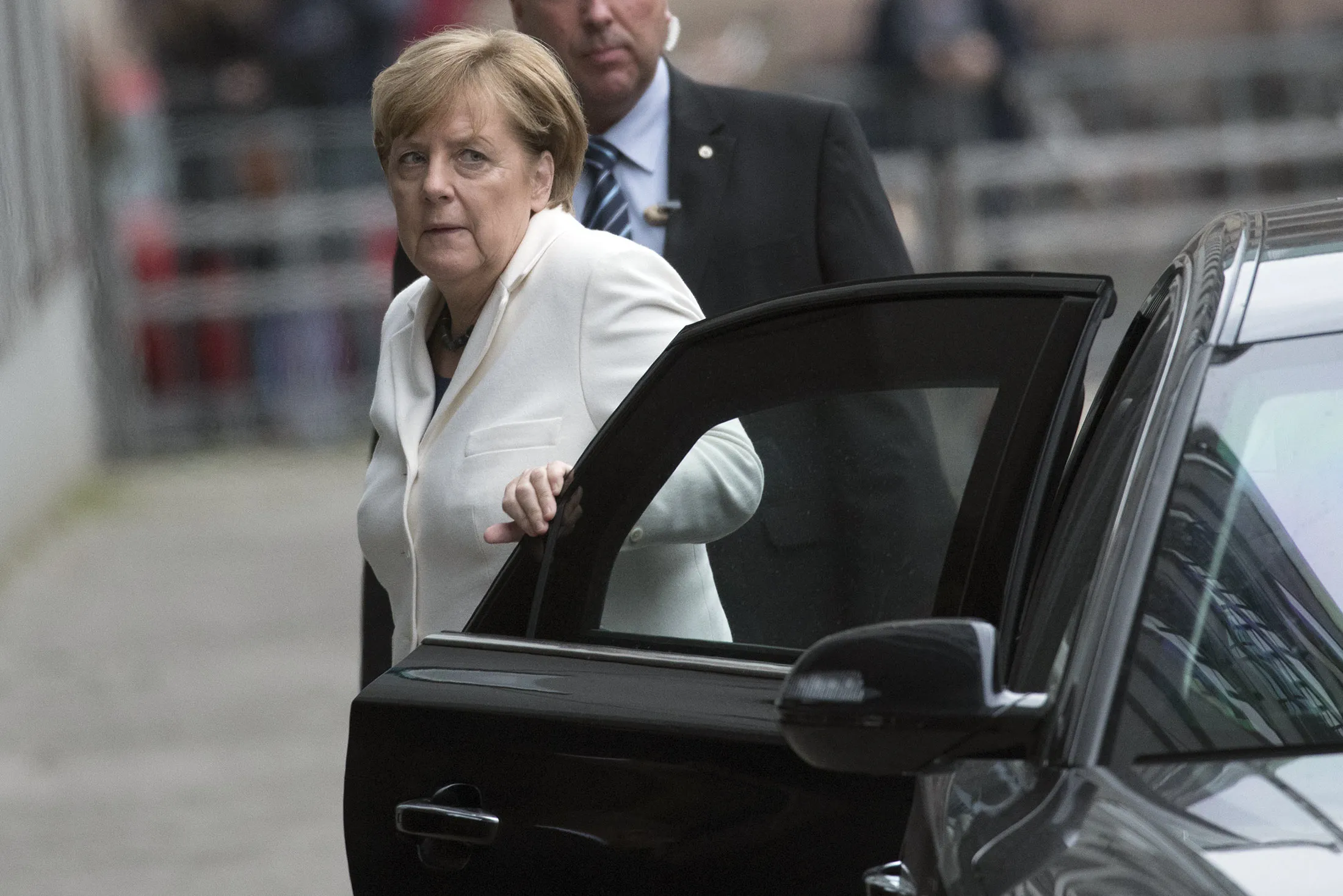 German Chancellor Angela Merkel arrives on the third day of talks on the formation of a new German government coalition on Oct. 20, 2017 in Berlin, Germany.
