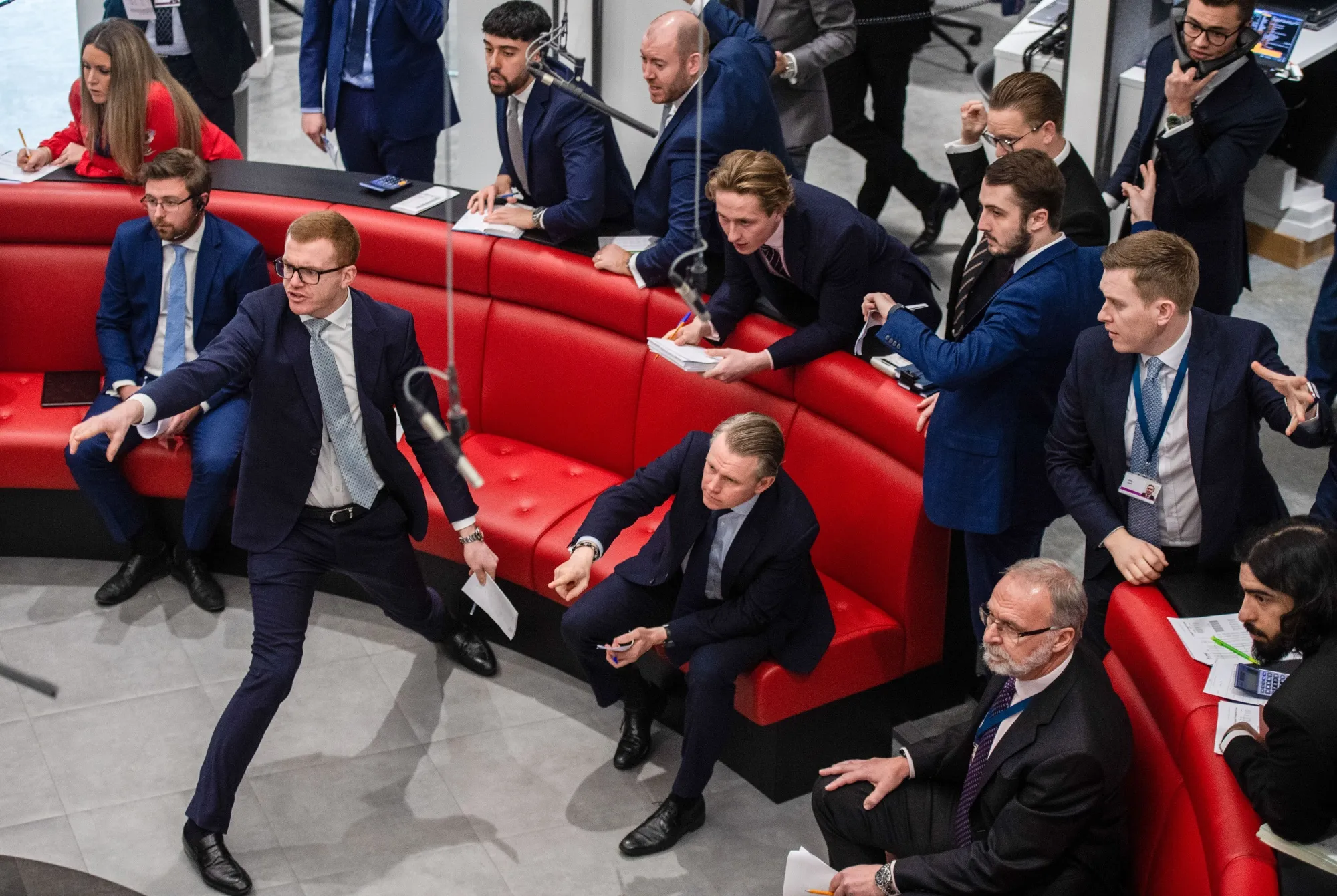 Traders, brokers and clerks on the trading floor of the open outcry pit at the London Metal Exchange.